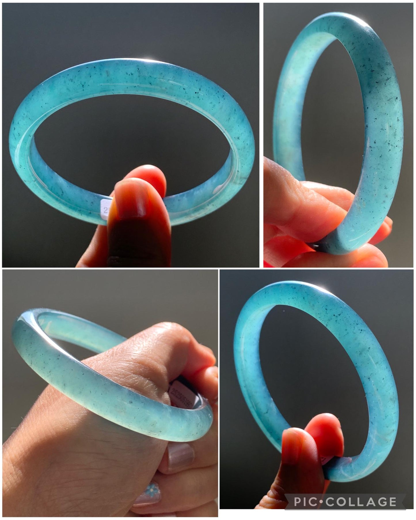 Certified Natural Grade A Guatemalan Icy Translucent Gelatinous Dusty Teal Blue Jadeite Bangle Bracelet 59.6mm 40.29g 天然老种冰胶危蓝绿翡翠正圈手镯 9971