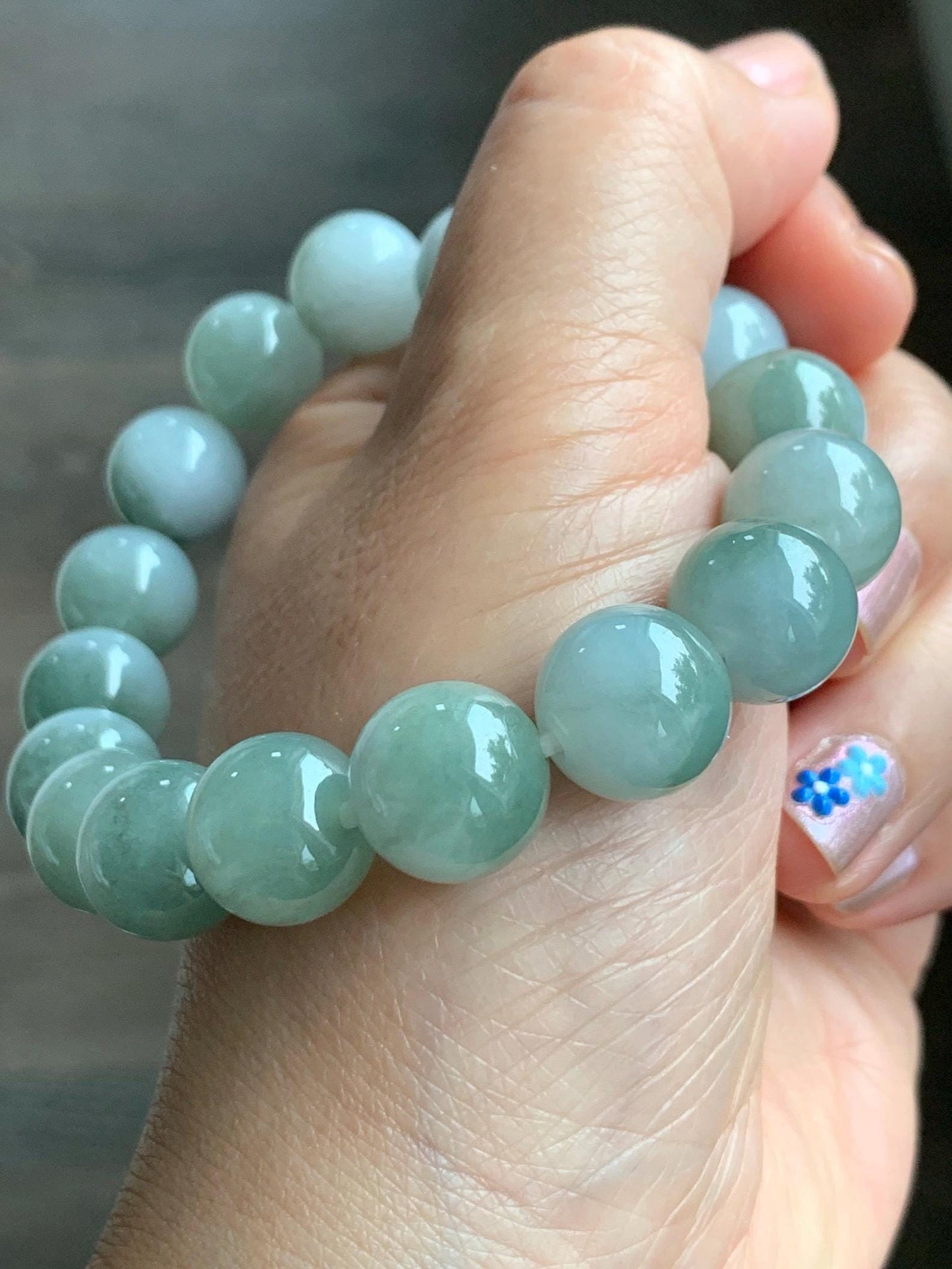 Large Natural Grade A Icy Translucent Bicolored Jadeite Round Beads Mala Beaded Bracelet Stretchy 12.8mm 8” 62g 天然冰白加淡橄榄绿鸳鸯翡翠手串 BSB300