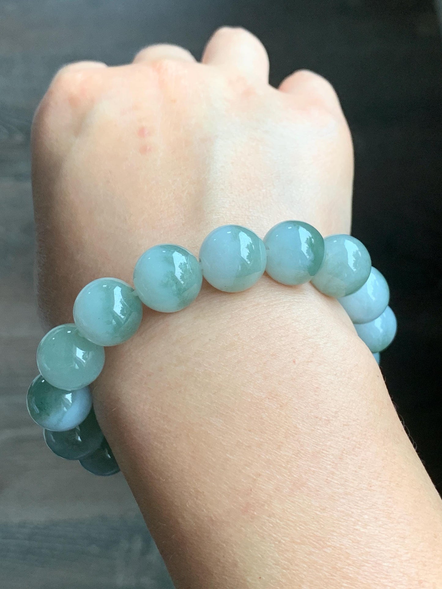 Large Natural Grade A Icy Translucent Bicolored Jadeite Round Beads Mala Beaded Bracelet Stretchy 12.8mm 8” 62g 天然冰白加淡橄榄绿鸳鸯翡翠手串 BSB300