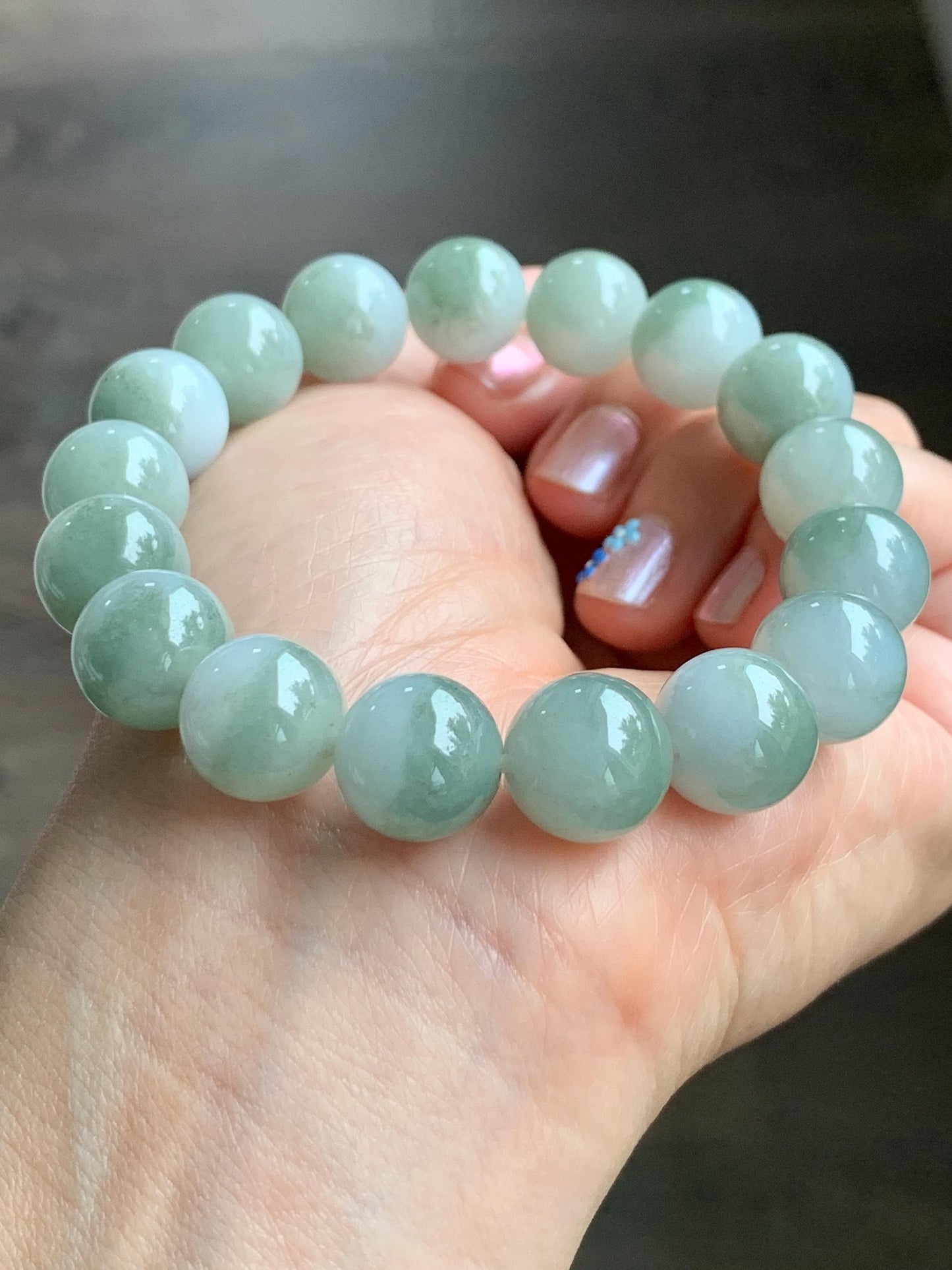 Large Natural Grade A Icy Translucent Bicolored Jadeite Round Beads Mala Beaded Bracelet Stretchy 12.8mm 8” 62g 天然冰白加淡橄榄绿鸳鸯翡翠手串 BSB300