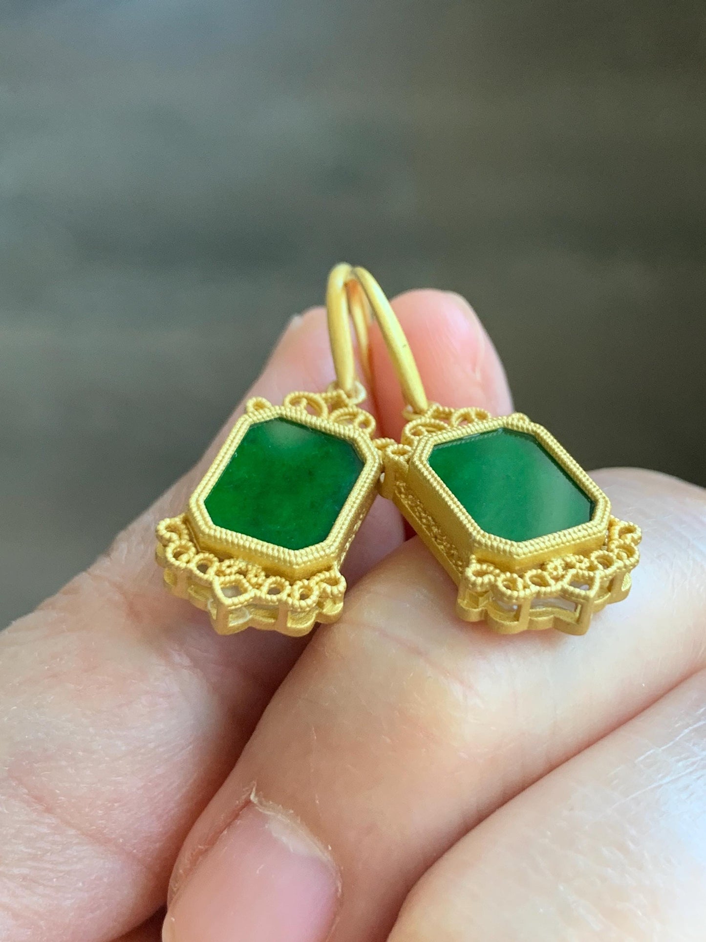 Natural Grade A Icy Vibrant Hot Green Jade Jadeite MOP Dangle Hook Earrings S925 Sterling Silver Yellow Gold Overlay 天然花青翡翠银镶耳钩 HQF350