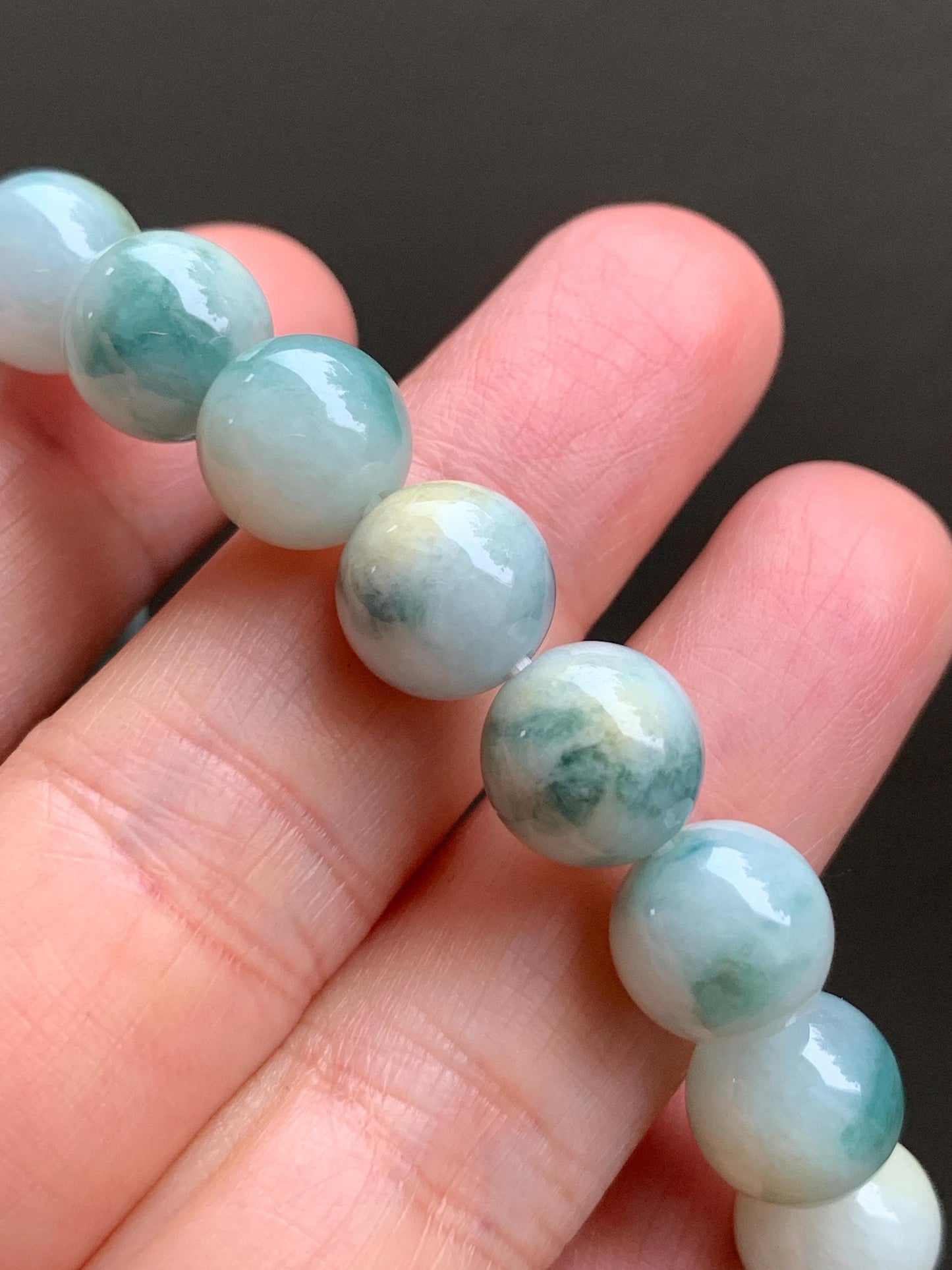 Natural Grade A Icy Translucent Teal Green & Yellow Marbled Tricolored Jade Jadeite Beaded Bracelet 10mm 7.25" 34g 天然糯冰三彩珠翡翠手串 SCZ220
