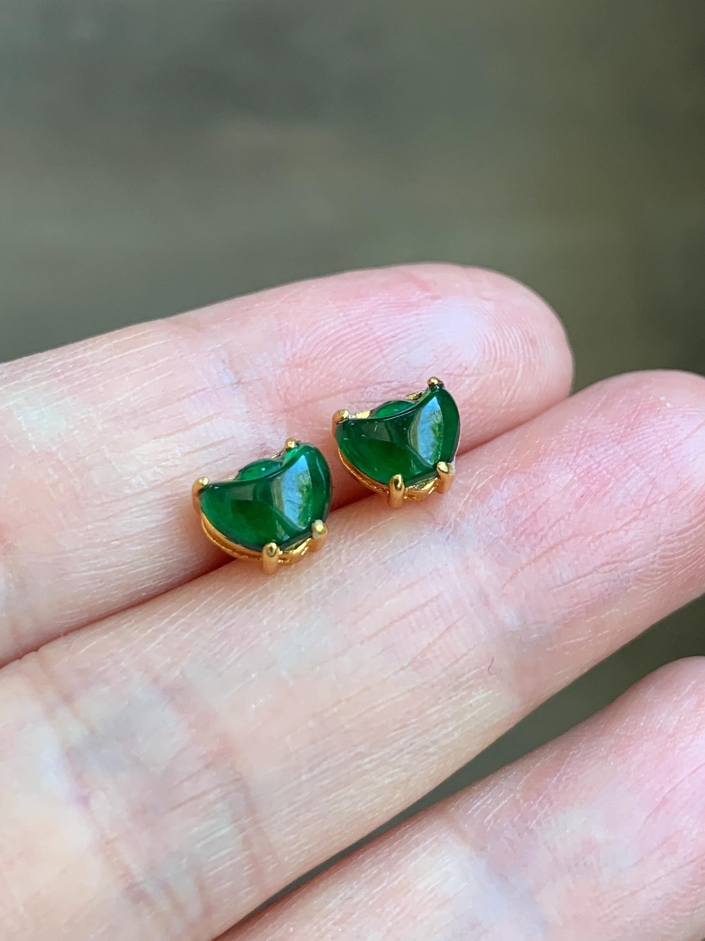 Petite Natural Grade A Guatemalan Icy Translucent Green Jade Jadeite Carved Gold Ingot Stud Earrings Sterling Silver YG 天然冰危绿翡翠元宝耳钉 WYB68