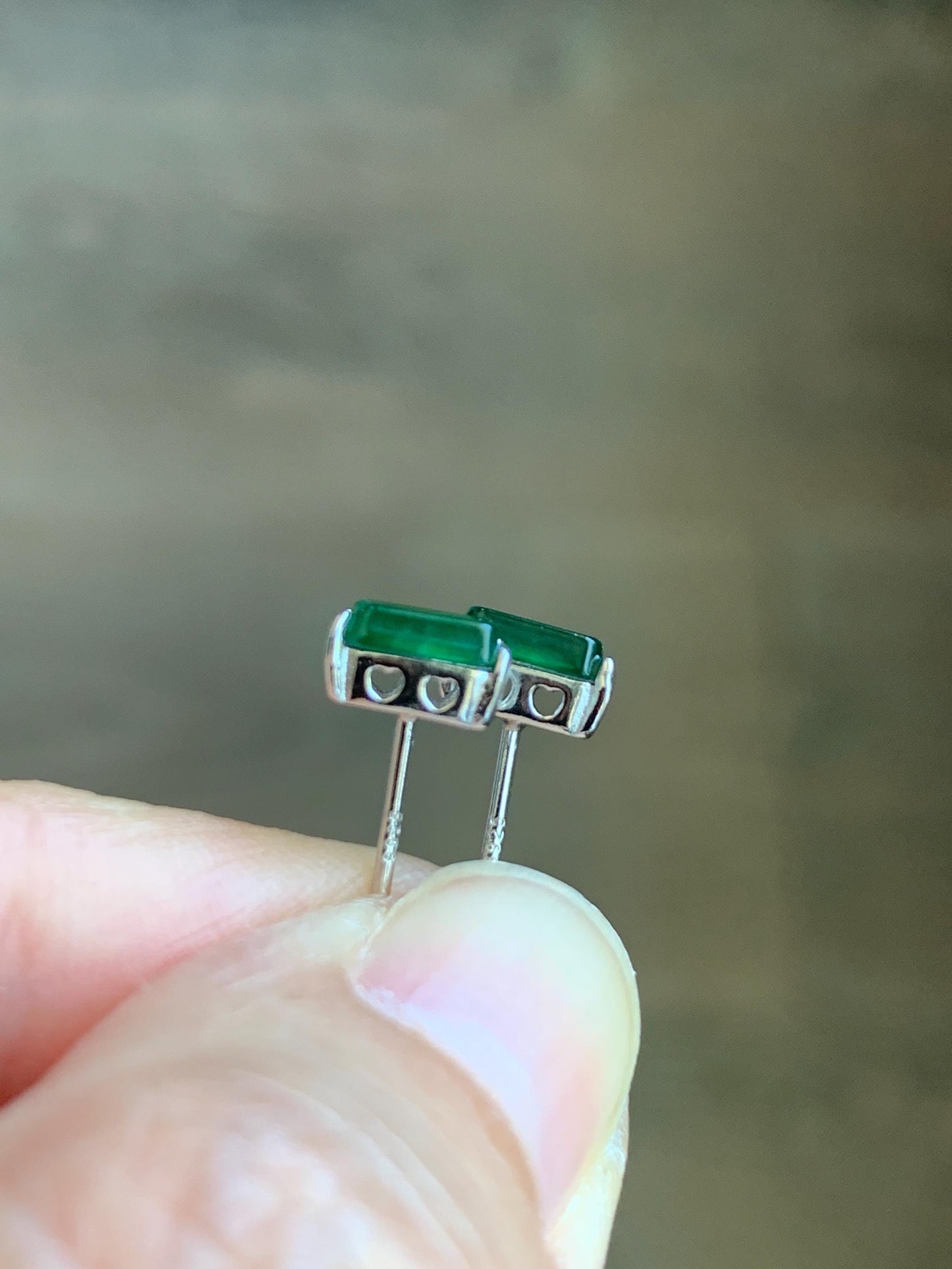 Natural Grade A Guatemalan Icy Translucent Vibrant Green Jade Jadeite Rectangle Cabochon Stud Earrings Sterling Silver 天然冰危绿翡翠银镶耳钉 XFT55-Y