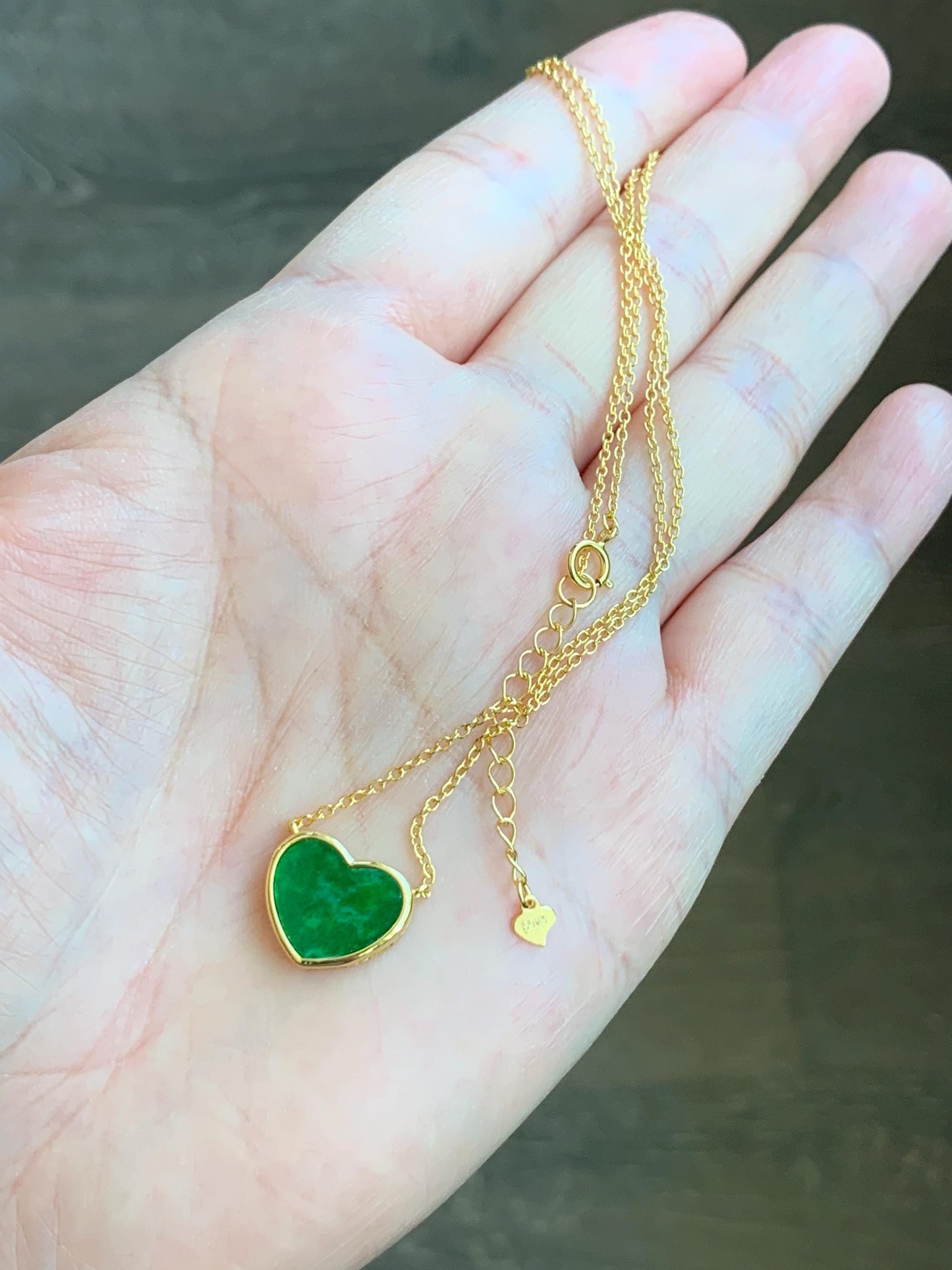 Certified Natural Grade A Translucent Vibrant Green Jadeite Heart Pendant Necklace Sterling Silver YG Overlay 天然花青爱心翡翠蛋面银镶锁骨链套链 1668