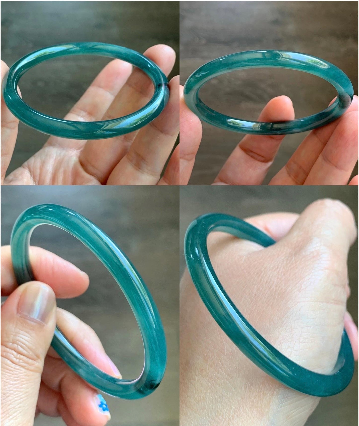 Certified Natural Grade A Guatemalan Icy Translucent Gelatinous Dark Teal Green Jade Jadeite Slim Bangle 55.69mm 19.5g 天然老种冰胶危蓝绿翡翠细圆条手镯 9968