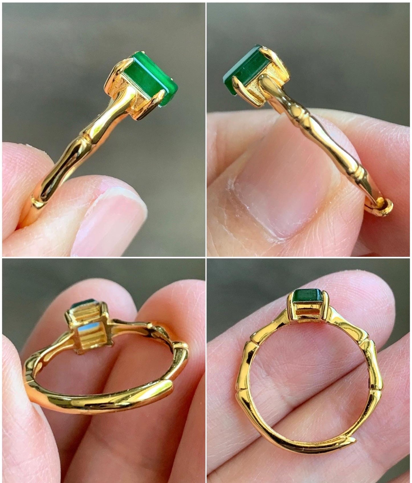 Natural Grade A Guatemalan Icy Translucent Vibrant Green Jade Jadeite Bamboo Ring Sterling Silver Size Adjustable 天然冰危绿切割面翡翠竹节银镶戒指 ZJL55C