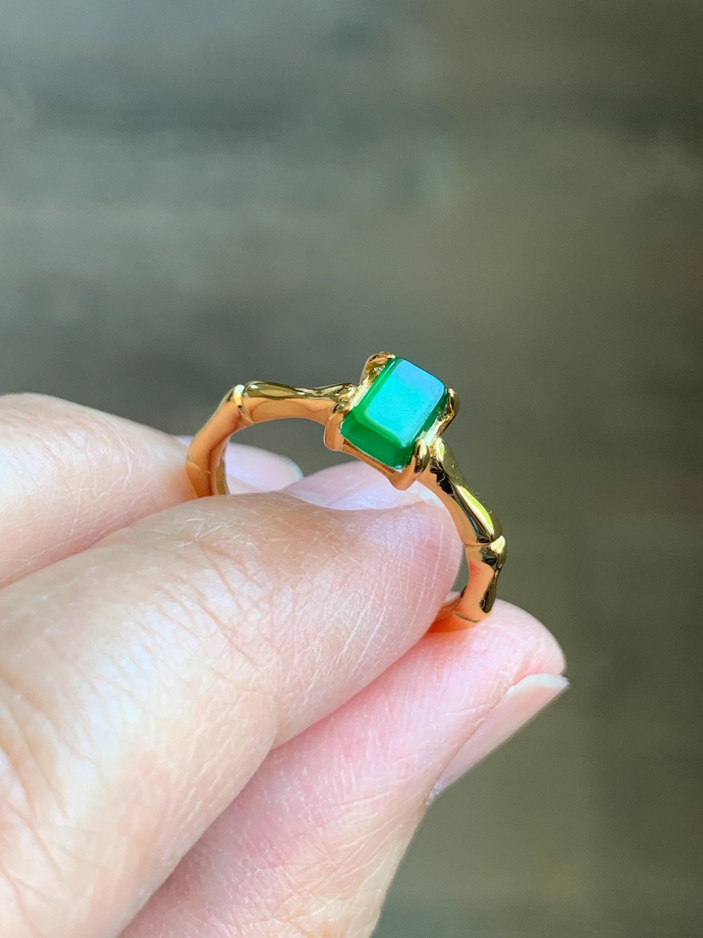 Natural Grade A Guatemalan Icy Translucent Vibrant Green Jade Jadeite Bamboo Ring Sterling Silver Size Adjustable 天然冰危绿切割面翡翠竹节银镶戒指 ZJL55C
