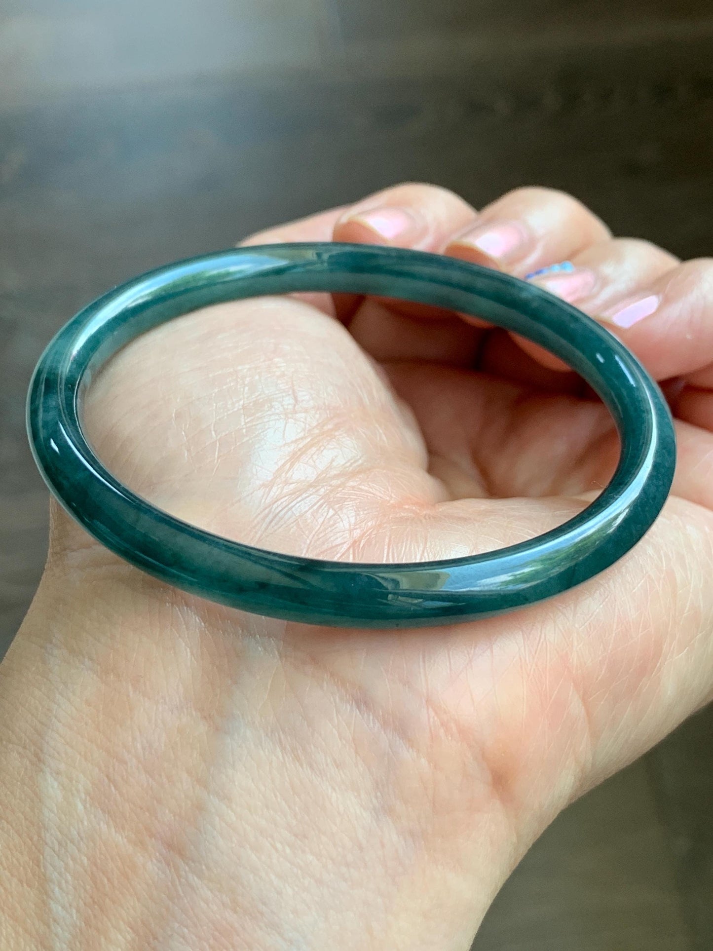 Certified Natural Grade A Guatemalan Icy Translucent Gelatinous Dark Teal Green Jade Jadeite Slim Bangle 57.57mm 19.9g 天然老种冰胶危蓝绿翡翠细圆条手镯 9969