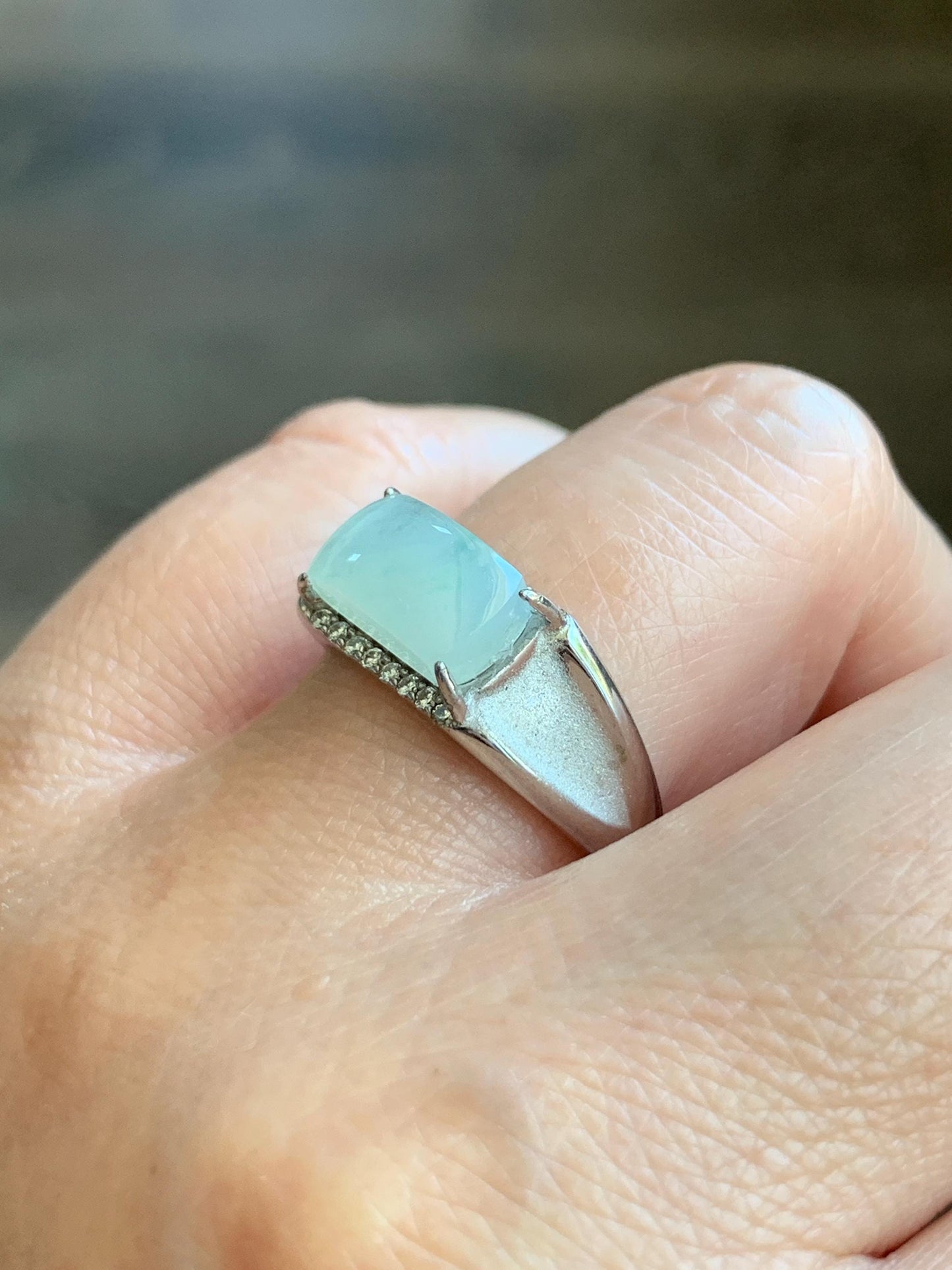 Natural Grade A Icy Translucent Gelatinous Pastel Green Jadeite Saddle Cabochon Ring Sterling Silver Size 8 Adjustable 天然冰胶晴底翡翠马鞍银镶戒指 TMQ107