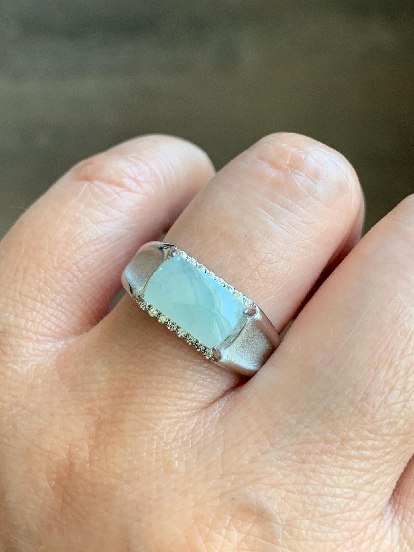 Natural Grade A Icy Translucent Gelatinous Pastel Green Jadeite Saddle Cabochon Ring Sterling Silver Size 8 Adjustable 天然冰胶晴底翡翠马鞍银镶戒指 TMQ107
