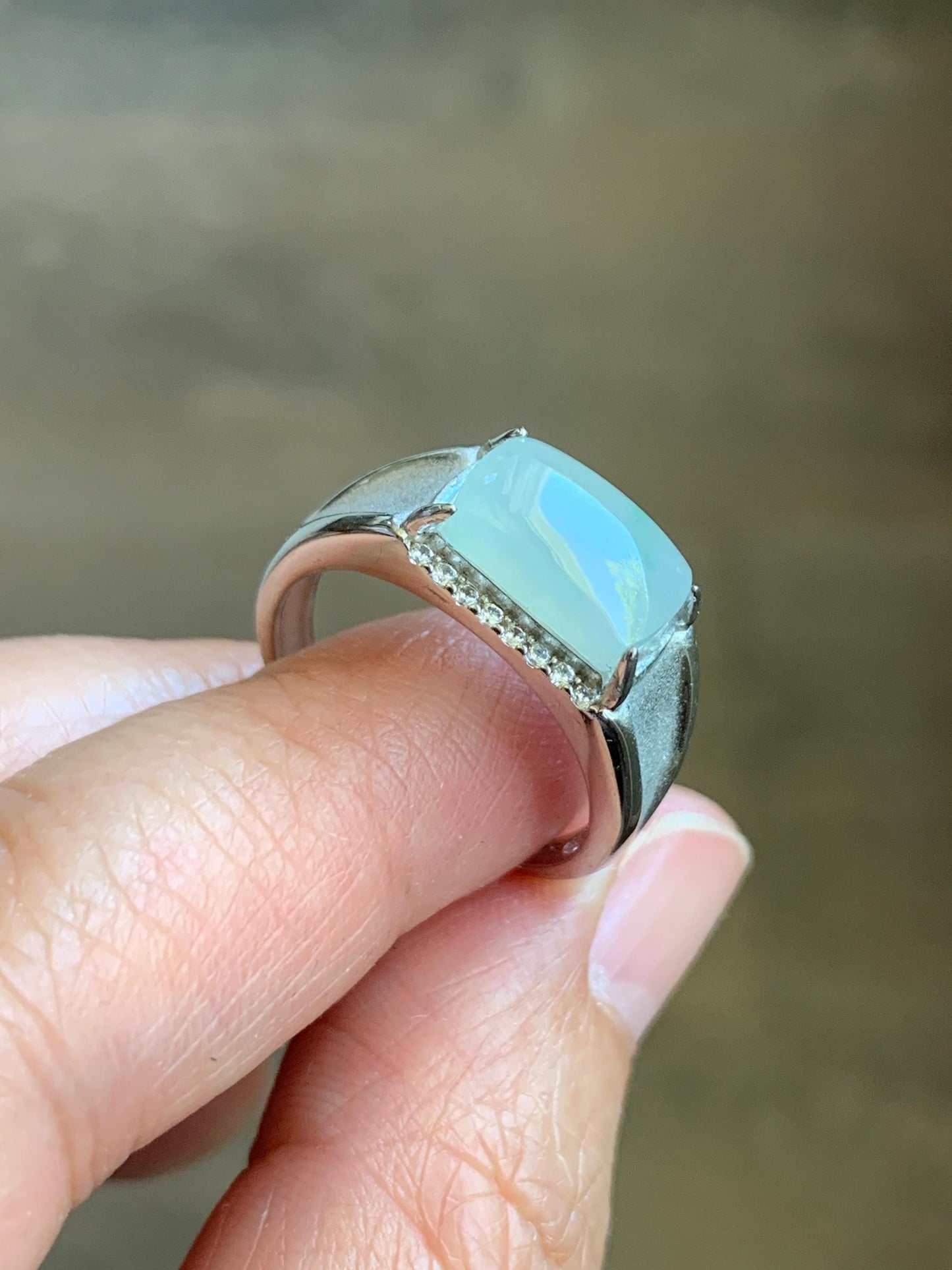 Natural Grade A Icy Translucent Gelatinous Pastel Green Jadeite Saddle Cabochon Ring Sterling Silver Size 8 Adjustable 天然冰胶晴底翡翠马鞍银镶戒指 TMQ107
