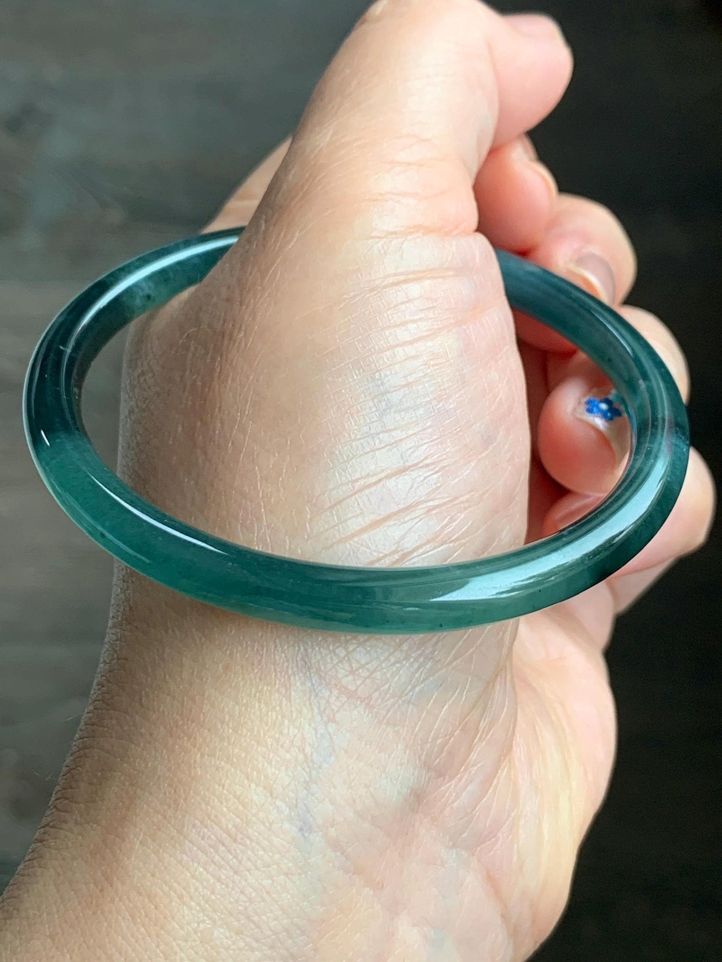 Natural Grade A Guatemalan Icy Translucent Gelatinous Dark Teal Green Jade Jadeite Slim Bangle 58.7mm 19g 天然老种冰胶危蓝绿翡翠细圆条手镯 WLU305B