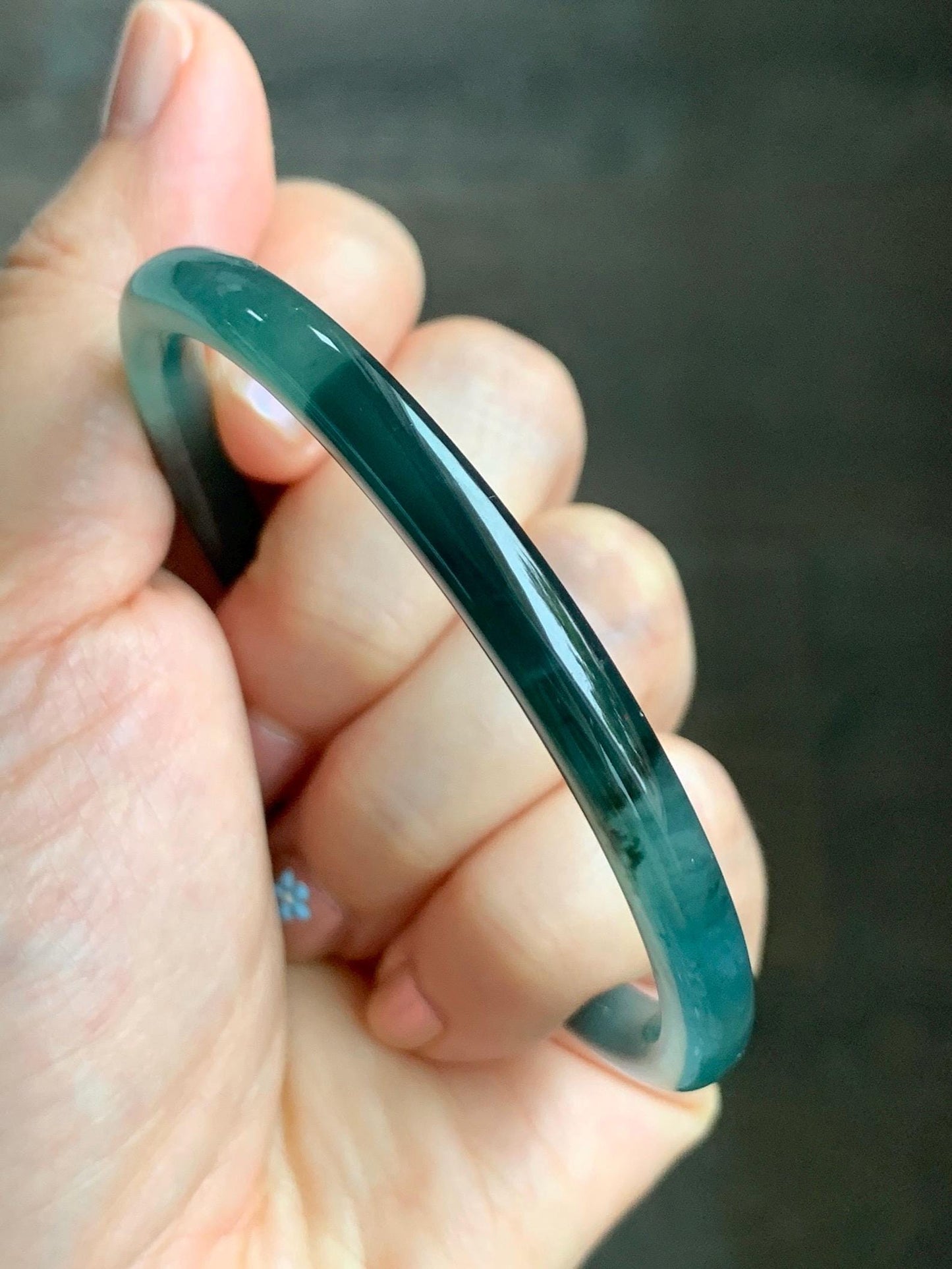 Natural Grade A Guatemalan Icy Translucent Gelatinous Dark Teal Green Jade Jadeite Slim Bangle 58.7mm 19g 天然老种冰胶危蓝绿翡翠细圆条手镯 WLU305B