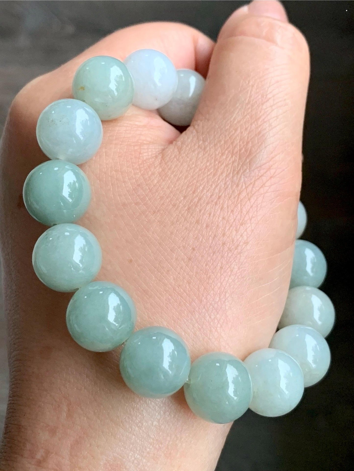 Natural Grade A Icy Translucent Pastel Dusty Green Multicolored Jadeite Large Beaded Bracelet Stretchy 12.86mm 7.5” 58g 天然细糯多宝翡翠大卡手串 ADB268