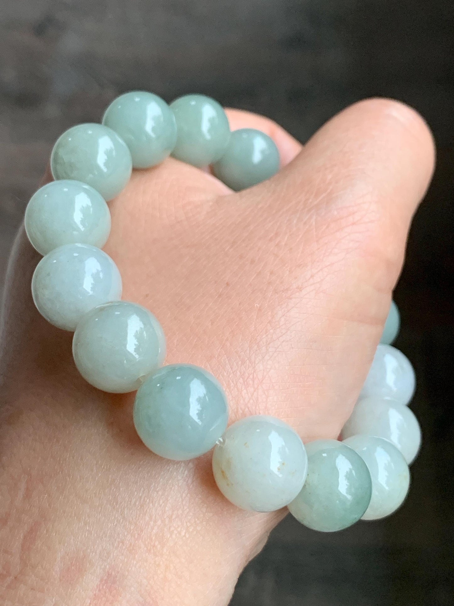 Natural Grade A Icy Translucent Pastel Dusty Green Multicolored Jadeite Large Beaded Bracelet Stretchy 12.86mm 7.5” 58g 天然细糯多宝翡翠大卡手串 ADB268