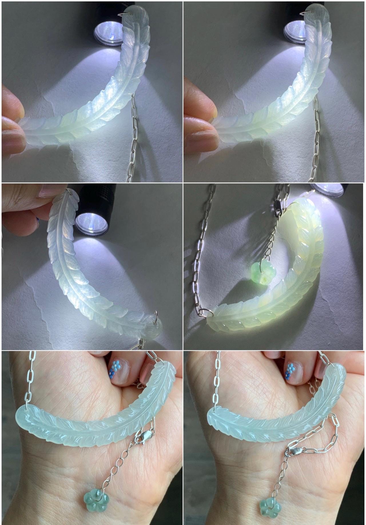 Natural Grade A Icy Highly Translucent Jade Jadeite Crescent Feather Pendant 999 Sterling Silver Necklace 19" 8g 天然冰胶晴底翡翠羽毛玉横足银项链 MBY250