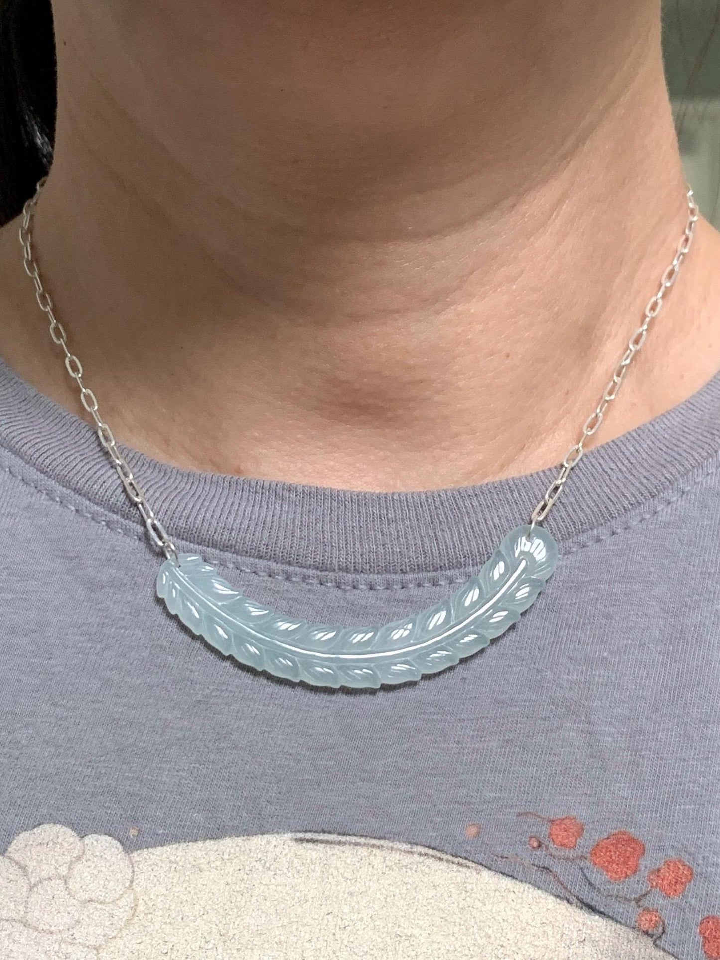 Natural Grade A Icy Highly Translucent Jade Jadeite Crescent Feather Pendant 999 Sterling Silver Necklace 19" 8g 天然冰胶晴底翡翠羽毛玉横足银项链 MBY250