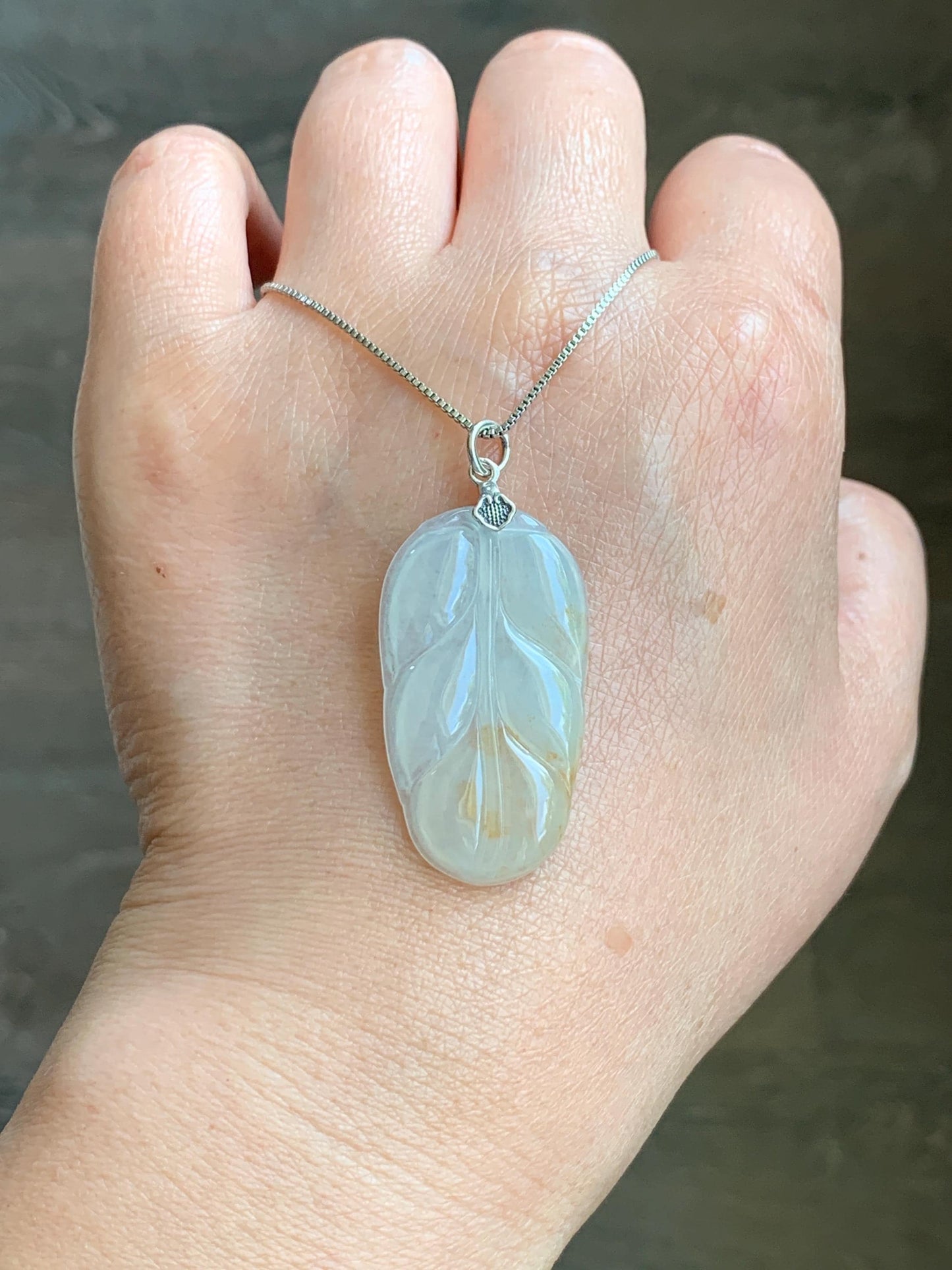 Natural Grade A Icy Highly Translucent Light Beige Golden Marbled Jade Jadeite Leaf Pendant Sterling Silver 6g 天然冰糖撒金翡翠大叶有成吊坠 MBT-Y