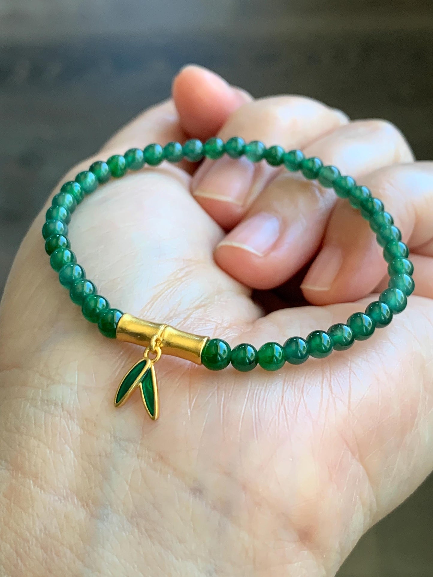 Natural Grade A Guatemalan Icy Green Jade Jadeite Petite Beads Bamboo Charm Beaded Bracelet 3.8mm 6.25” Sterling Silver 天然冰危绿翡翠小圆珠手串 CWZ130