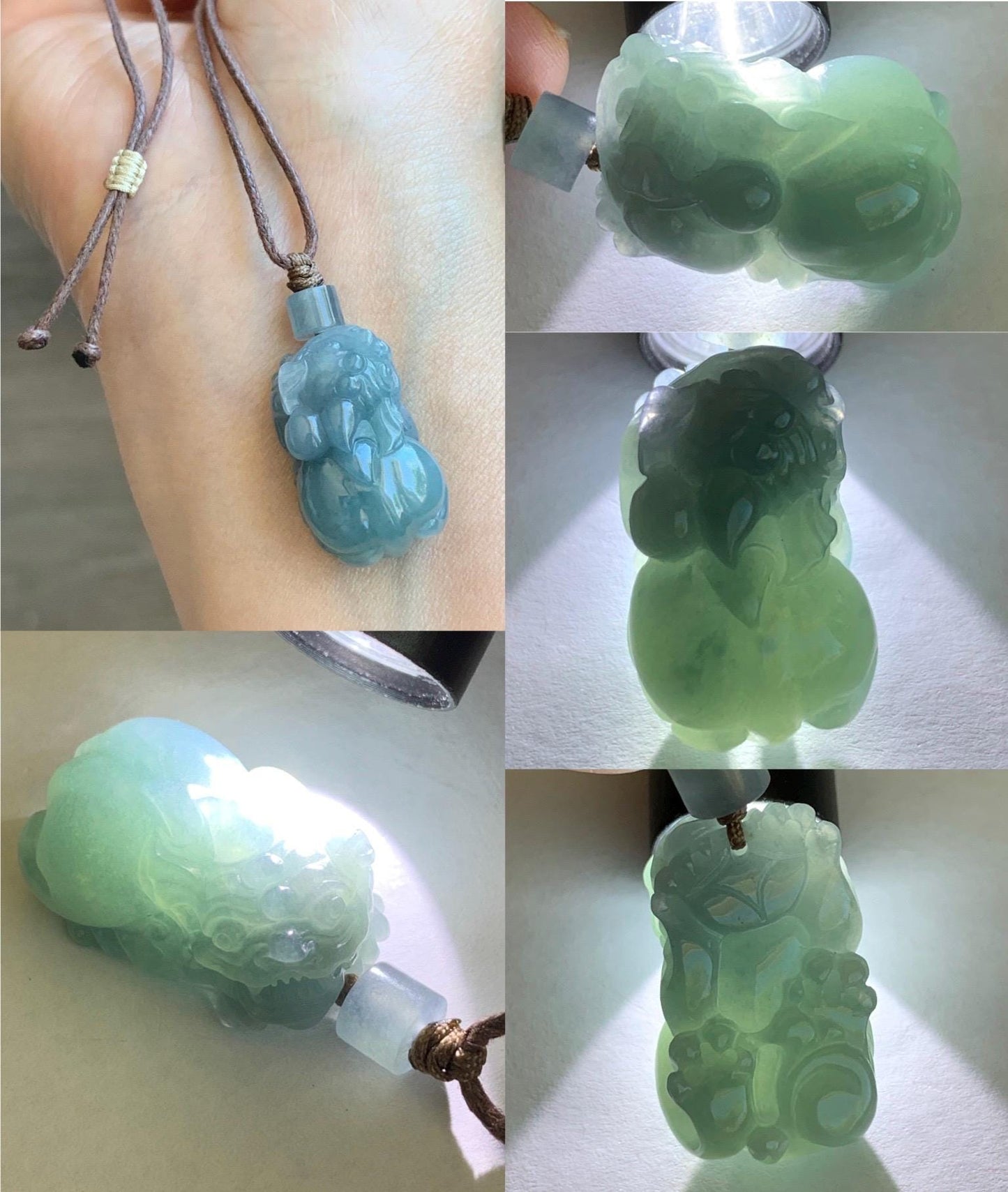Natural Grade A Icy Translucent Gelatinous Light Blue Jade Jadeite Carved Pixiu Pendant Rope Necklace 25" 12g 天然冰胶浅蓝翡翠精工貔貅吊坠 MTL