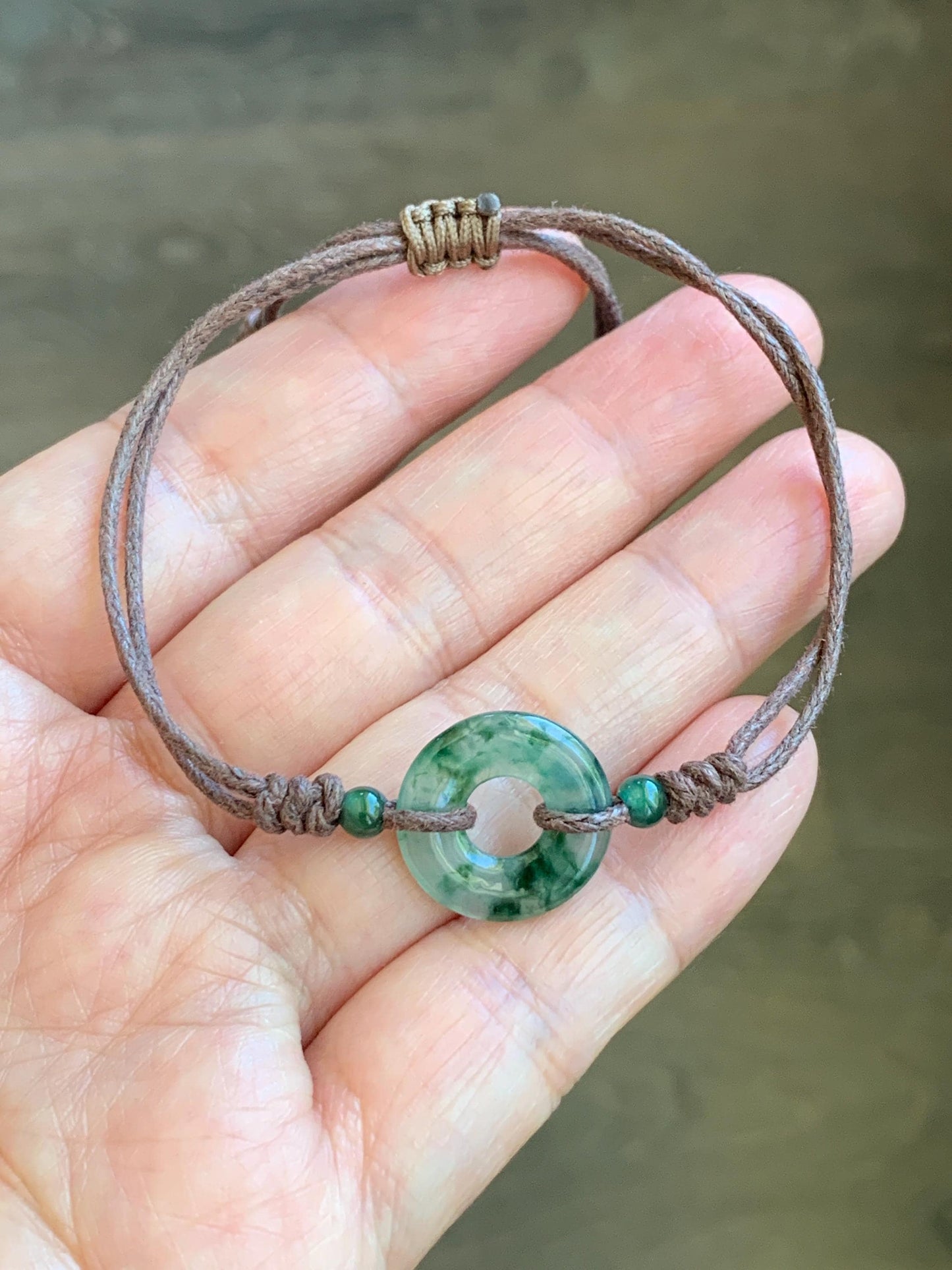 Natural Garde A Icy Highly Translucent Green Marbled Jadeite Petite Ping An Kou Donut Rope Bracelet Adjustable 9" 天然老种高冰飘花翡翠平安扣手绳 MLPK-B