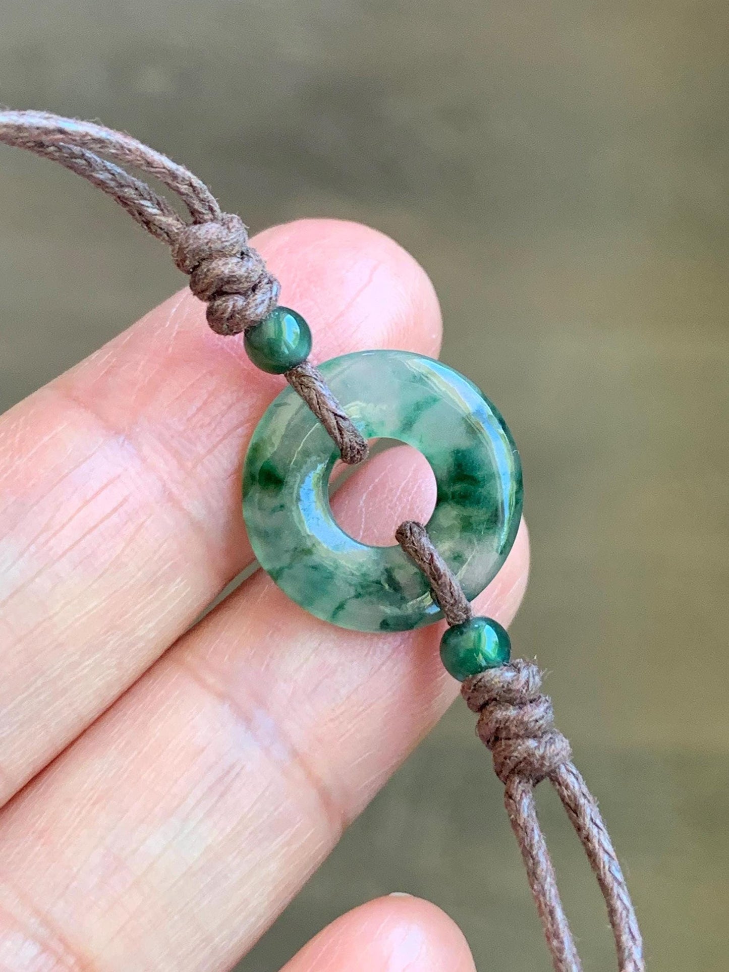Natural Garde A Icy Highly Translucent Green Marbled Jadeite Petite Ping An Kou Donut Rope Bracelet Adjustable 9" 天然老种高冰飘花翡翠平安扣手绳 MLPK-B