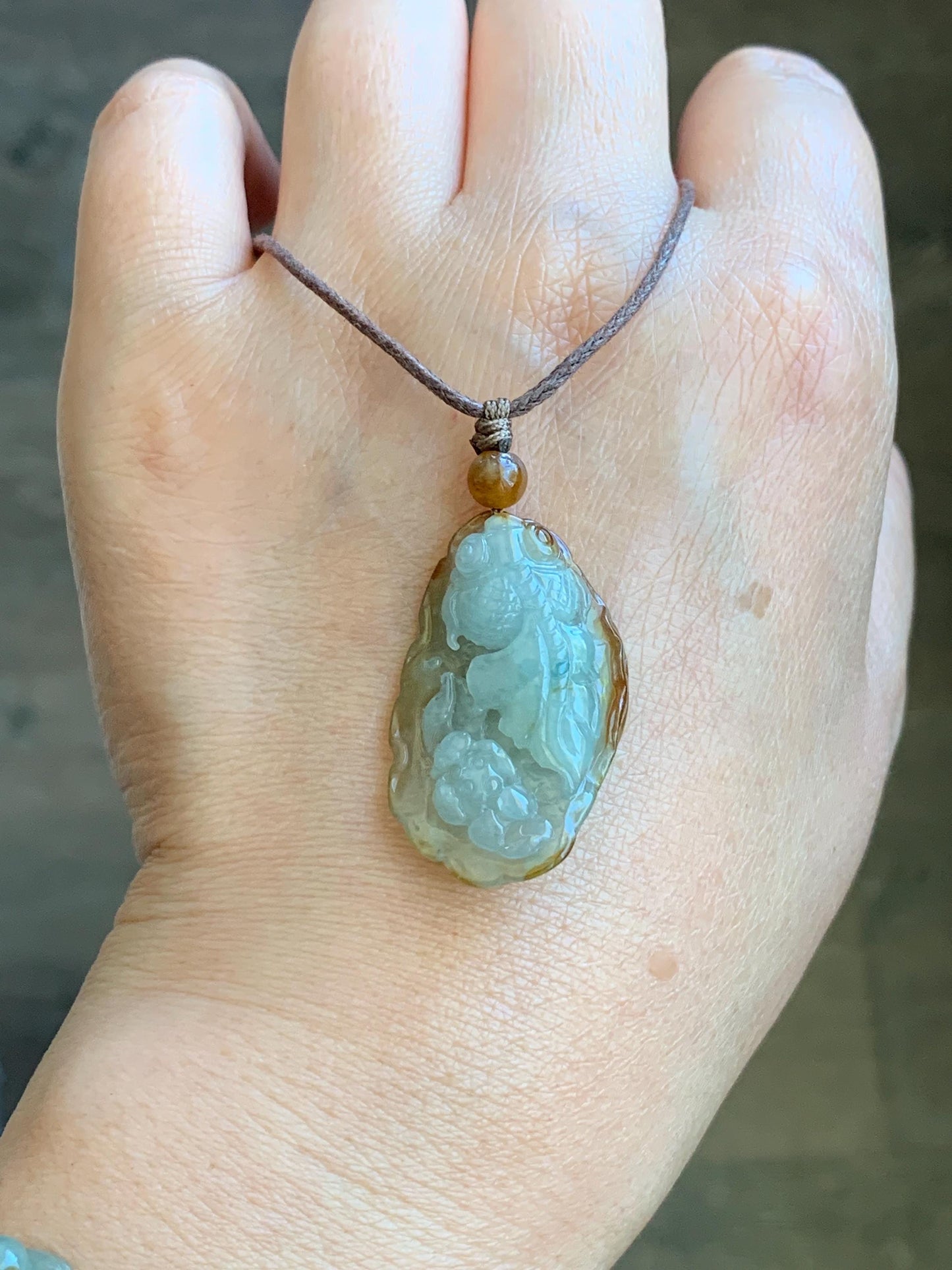Natural Grade A Icy Highly Translucent Yellow Marbled Bicolored Jadeite Lotus Flower Goldfish Pendant Rope Necklace 25" 天然冰黄皮料翡翠莲花鱼吊坠 SHY220