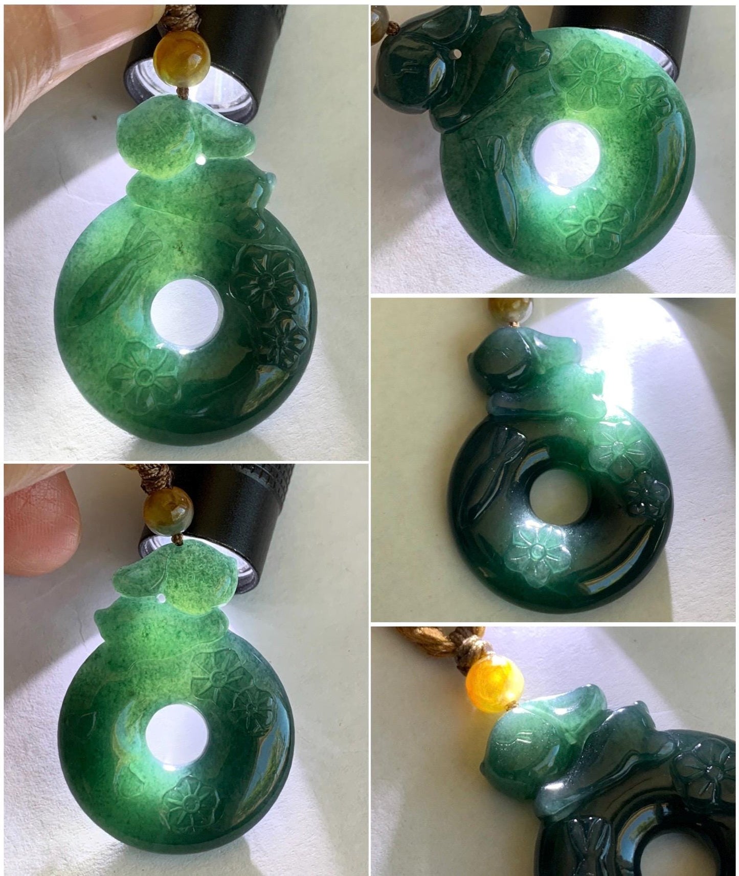 Natural Guatemalan Icy Translucent Deep Teal Blue Jadeite Rabbit Cherry Blossom Ping An Kou Donut Pendant Rope Necklace 天然冰危深蓝翡翠小兔梅花双面平安扣吊坠