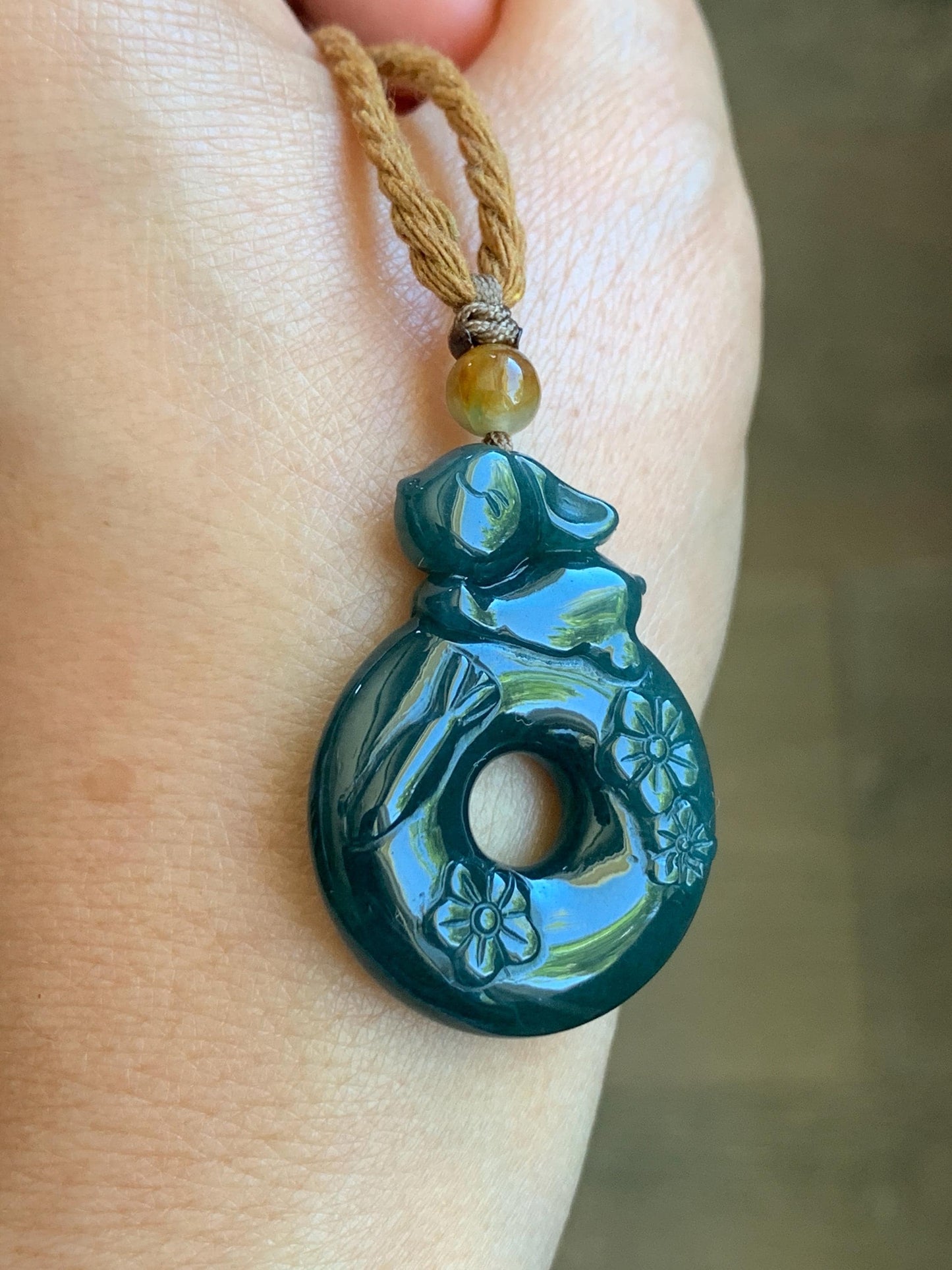 Natural Guatemalan Icy Translucent Deep Teal Blue Jadeite Rabbit Cherry Blossom Ping An Kou Donut Pendant Rope Necklace 天然冰危深蓝翡翠小兔梅花双面平安扣吊坠