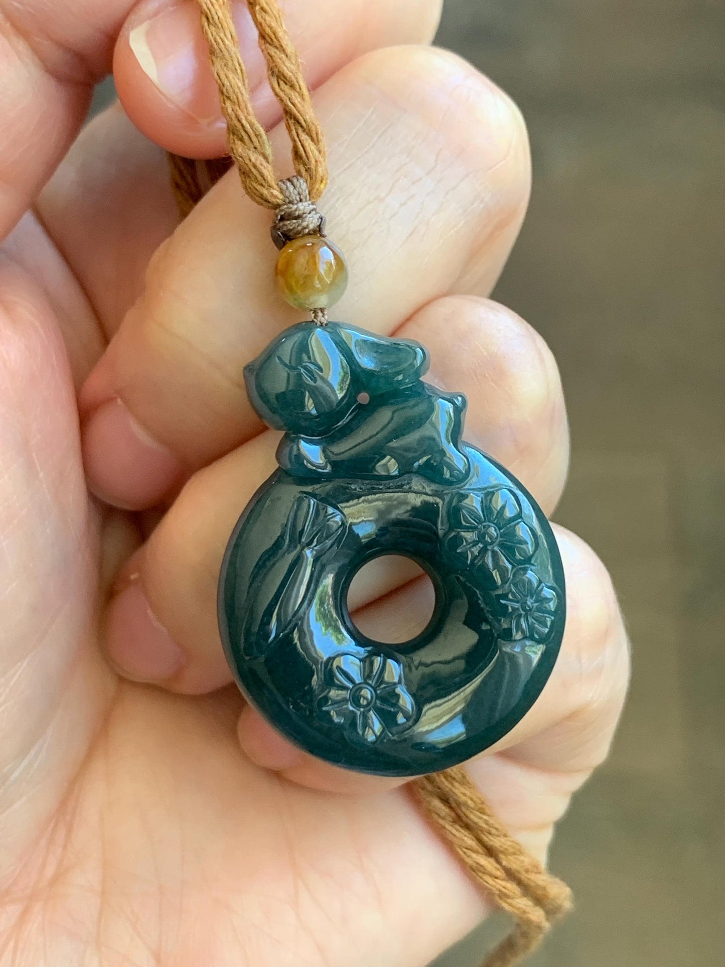 Natural Guatemalan Icy Translucent Deep Teal Blue Jadeite Rabbit Cherry Blossom Ping An Kou Donut Pendant Rope Necklace 天然冰危深蓝翡翠小兔梅花双面平安扣吊坠
