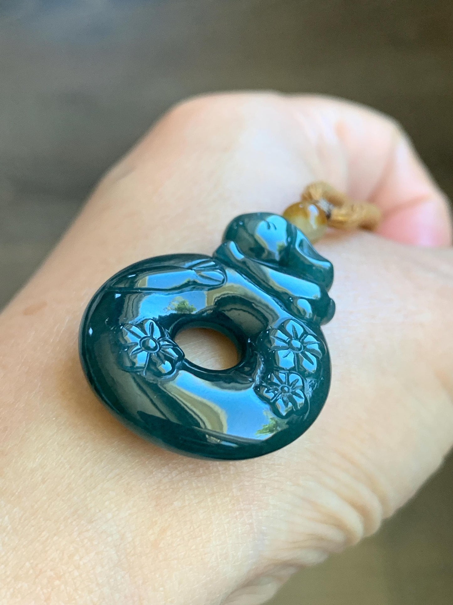 Natural Guatemalan Icy Translucent Deep Teal Blue Jadeite Rabbit Cherry Blossom Ping An Kou Donut Pendant Rope Necklace 天然冰危深蓝翡翠小兔梅花双面平安扣吊坠
