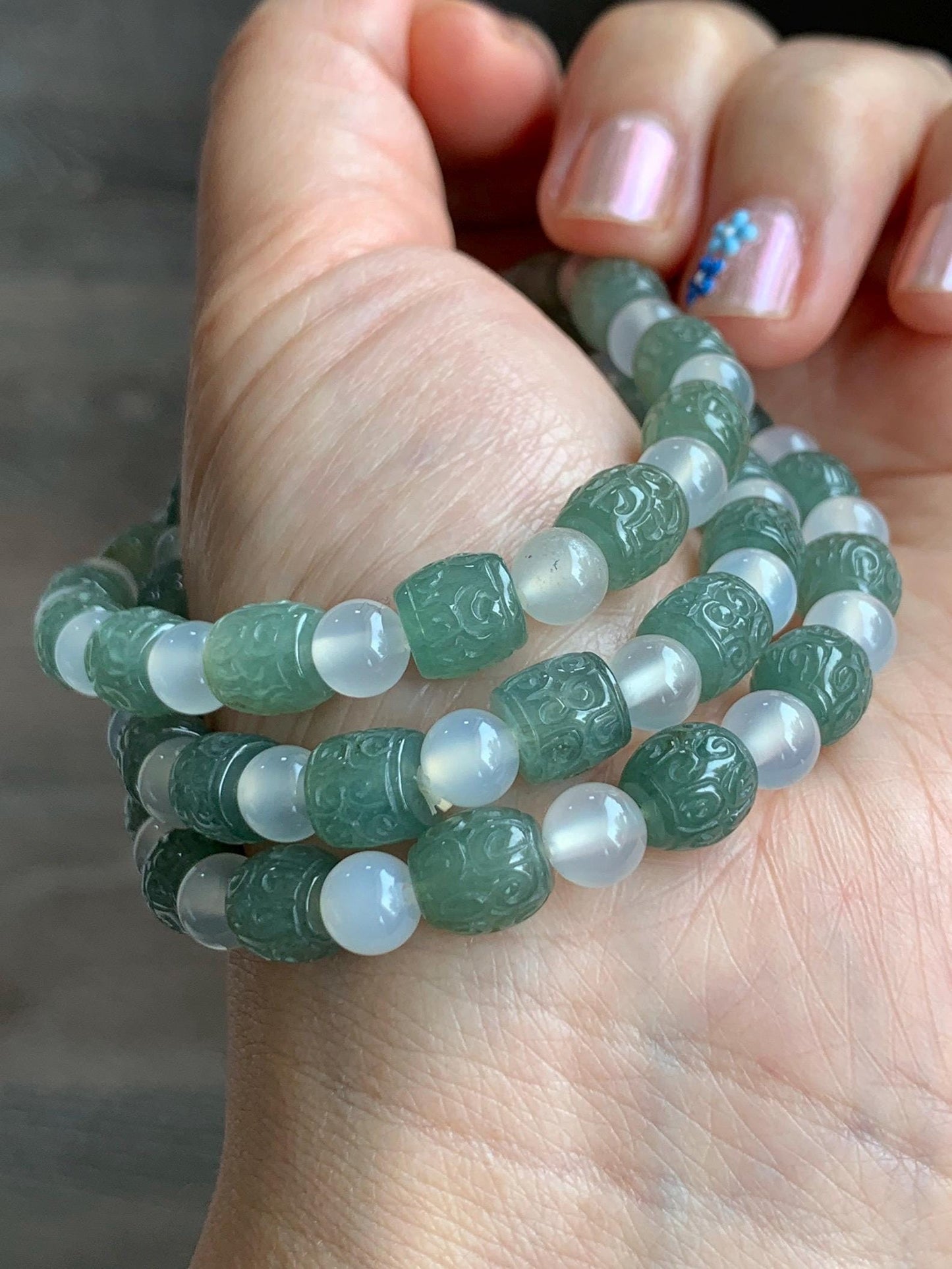 Natural Grade A Icy Translucent Gelatinous Dusty Green Jadeite Engraved Barrel Beads Agates Beaded Bracelet 7" or 7.5” 天然冰胶淡绿翡翠仿古桶珠手串 FGZ368