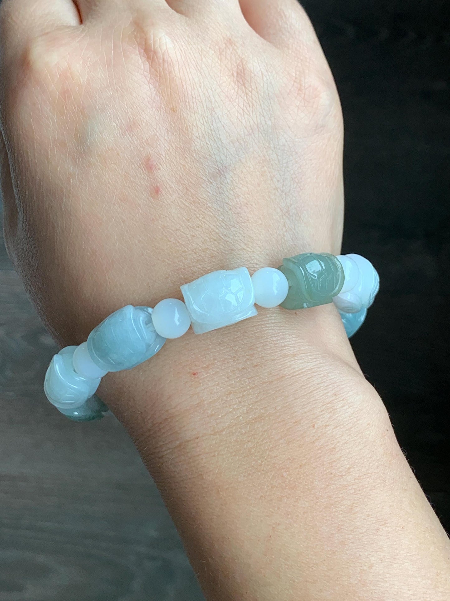 Natural Grade A Icy Translucent Multicolored Jade Jadeite Carved Turtle Shell Charm Beaded Bracelet 8” 46g Stretchy 天然冰多宝色翡翠富甲玛瑙手串 FJD336
