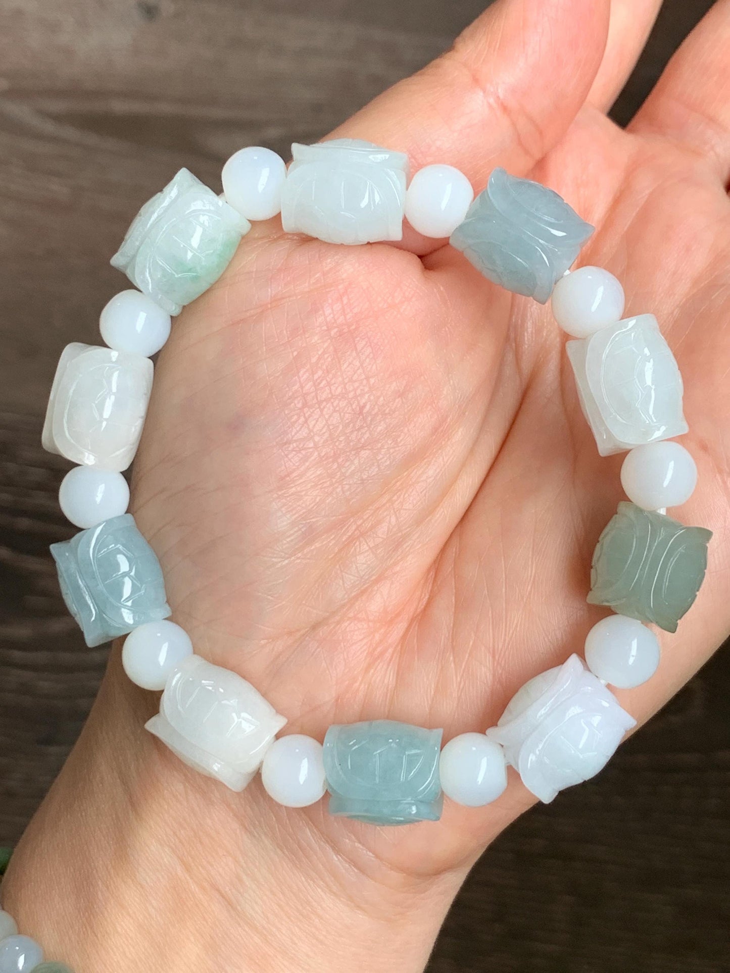 Natural Grade A Icy Translucent Multicolored Jade Jadeite Carved Turtle Shell Charm Beaded Bracelet 8” 46g Stretchy 天然冰多宝色翡翠富甲玛瑙手串 FJD336