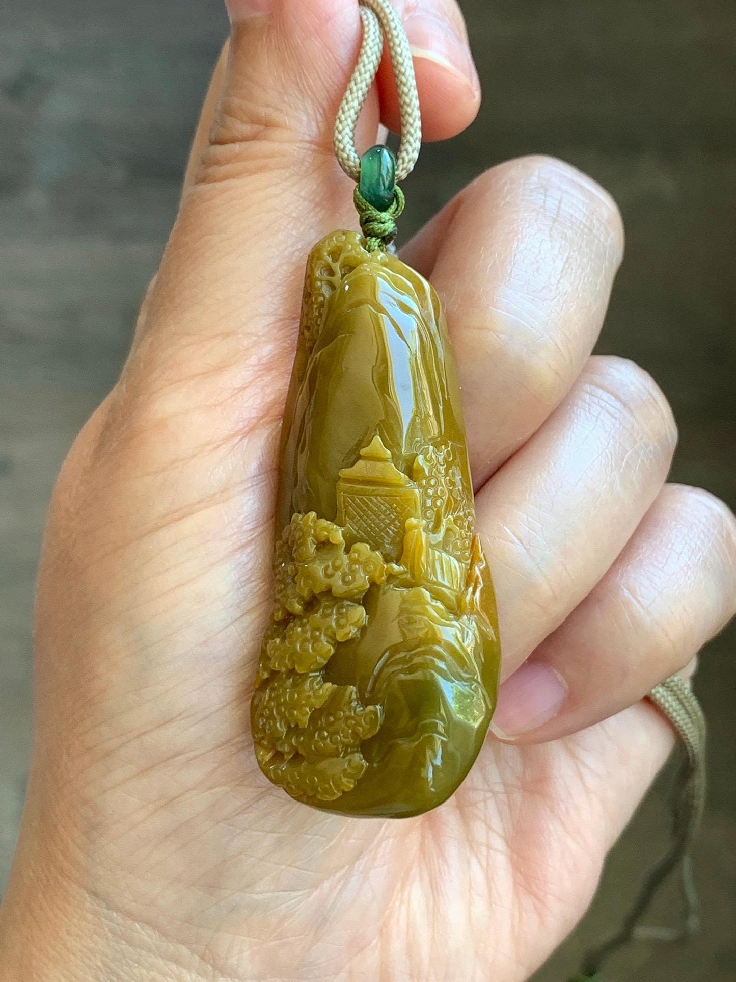 Natural Grade A Guatemalan Icy Translucent Golden Brown Jadeite Shan Shui Landscape Pendant Rope Necklace 32" 23g 天然冰危油黄翡翠精工雕山水吊坠项链 JYH280