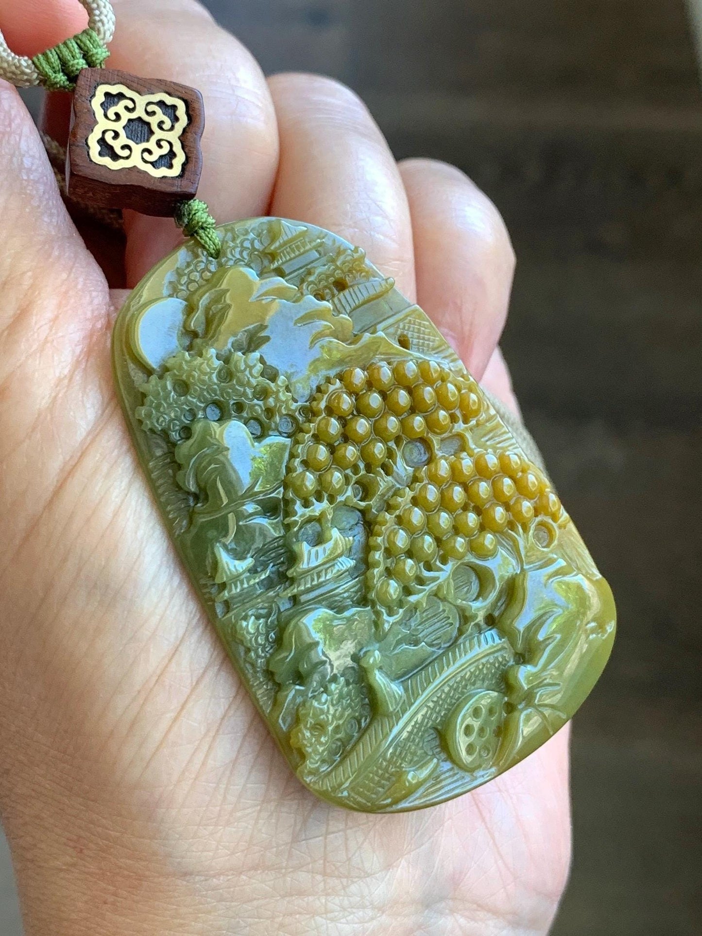 Certified Natural Guatemalan Icy Translucent Intense Yellow & Olive Green Jadeite Shan Shui Pendant Rope Necklace 30” 天然冰危鸡油黄加绿翡翠山水牌吊坠 9967