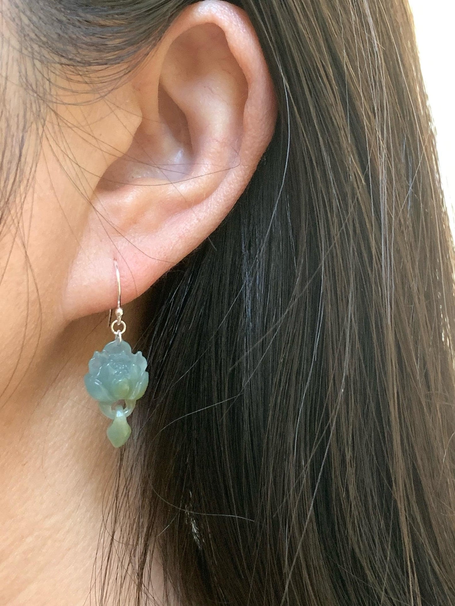 Natural Guatemalan Icy Translucent Light Blue Jadeite Lotus Flower w/ Interlocking Drops Dangle Earrings Sterling Silver 天然冰危蓝飘黄翡翠莲花环环相扣银耳钩