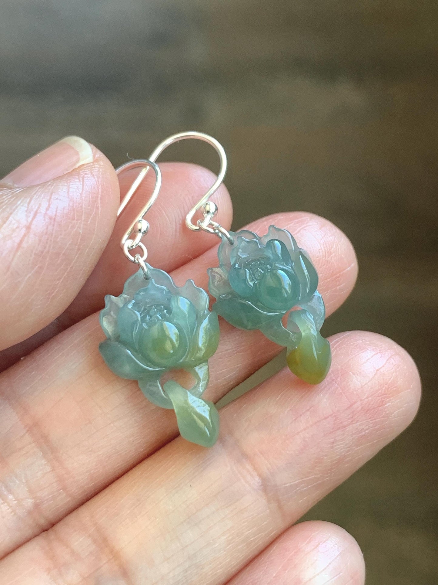 Natural Guatemalan Icy Translucent Light Blue Jadeite Lotus Flower w/ Interlocking Drops Dangle Earrings Sterling Silver 天然冰危蓝飘黄翡翠莲花环环相扣银耳钩