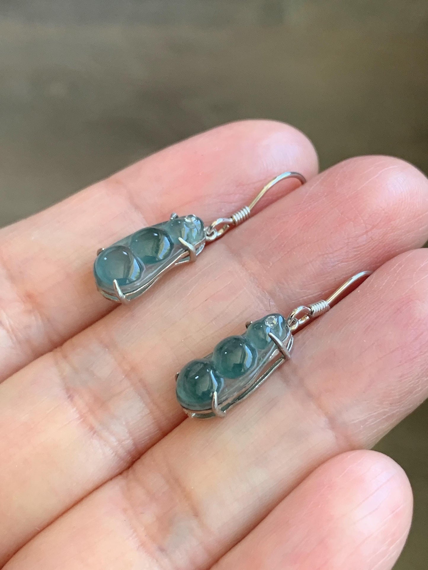 Natural Grade A Guatemalan Icy Highly Translucent Teal Blue Jadeite Petite Peapod Dangle Earrings Sterling Silver 天然冰危蓝翡翠福豆银耳钩 WXD55