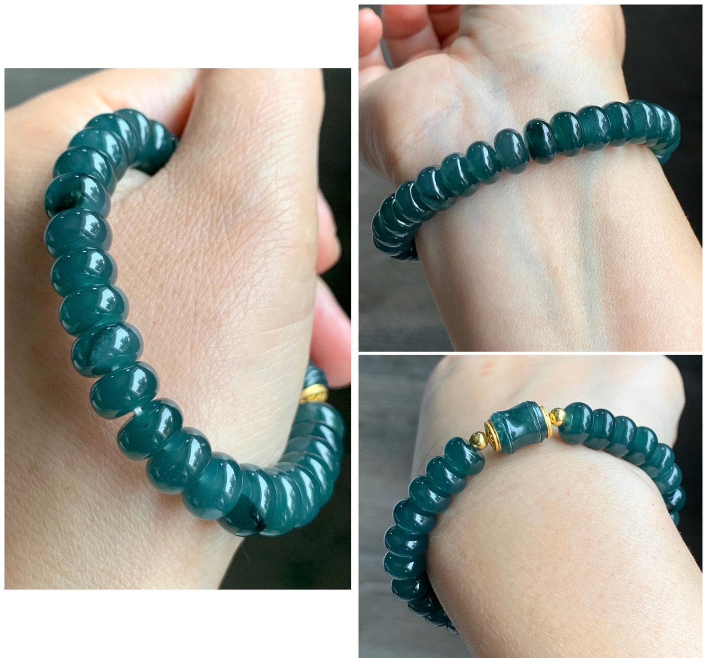 Natural Grade A Guatemalan Icy Translucent Intense Teal Blue Jade Jadeite Drum Beads Bamboo Bead Beaded Bracelet 6.75” 天然冰危深蓝翡翠鼓珠竹节珠手串 ZJ169