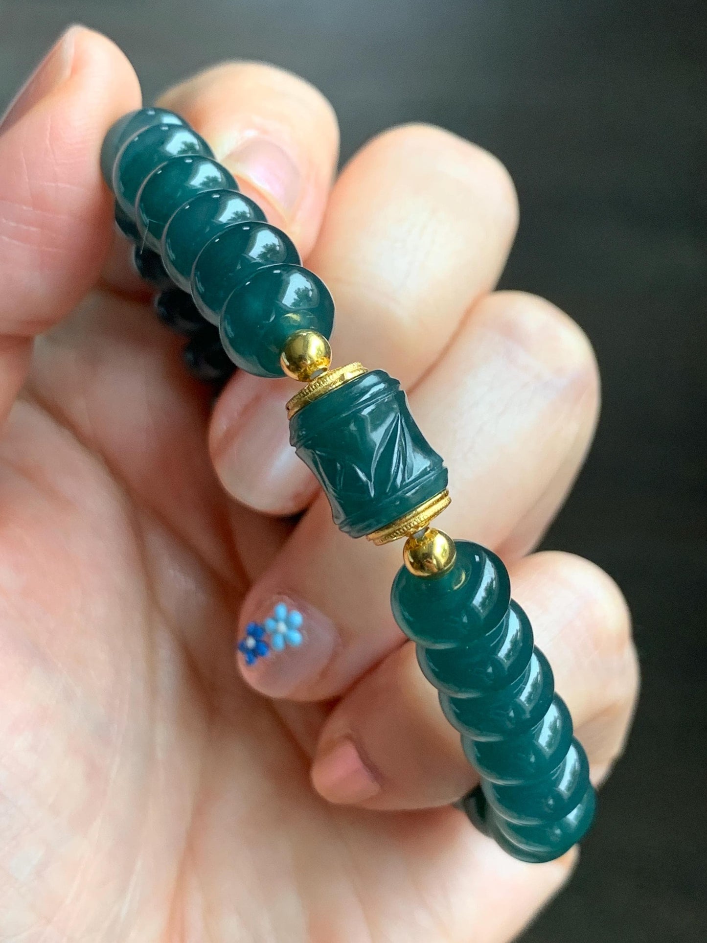 Natural Grade A Guatemalan Icy Translucent Intense Teal Blue Jade Jadeite Drum Beads Bamboo Bead Beaded Bracelet 6.75” 天然冰危深蓝翡翠鼓珠竹节珠手串 ZJ169