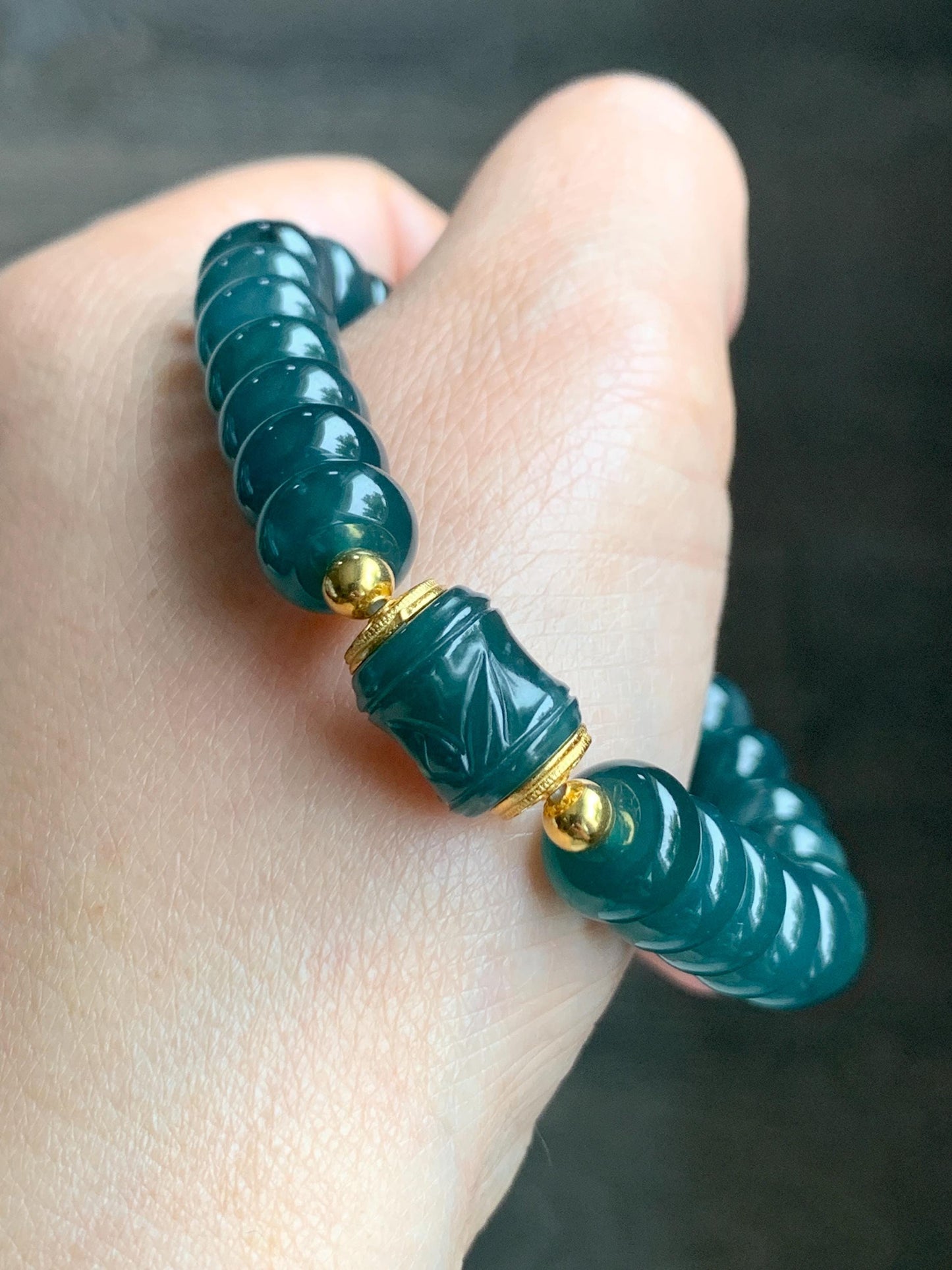 Natural Grade A Guatemalan Icy Translucent Intense Teal Blue Jade Jadeite Drum Beads Bamboo Bead Beaded Bracelet 6.75” 天然冰危深蓝翡翠鼓珠竹节珠手串 ZJ169