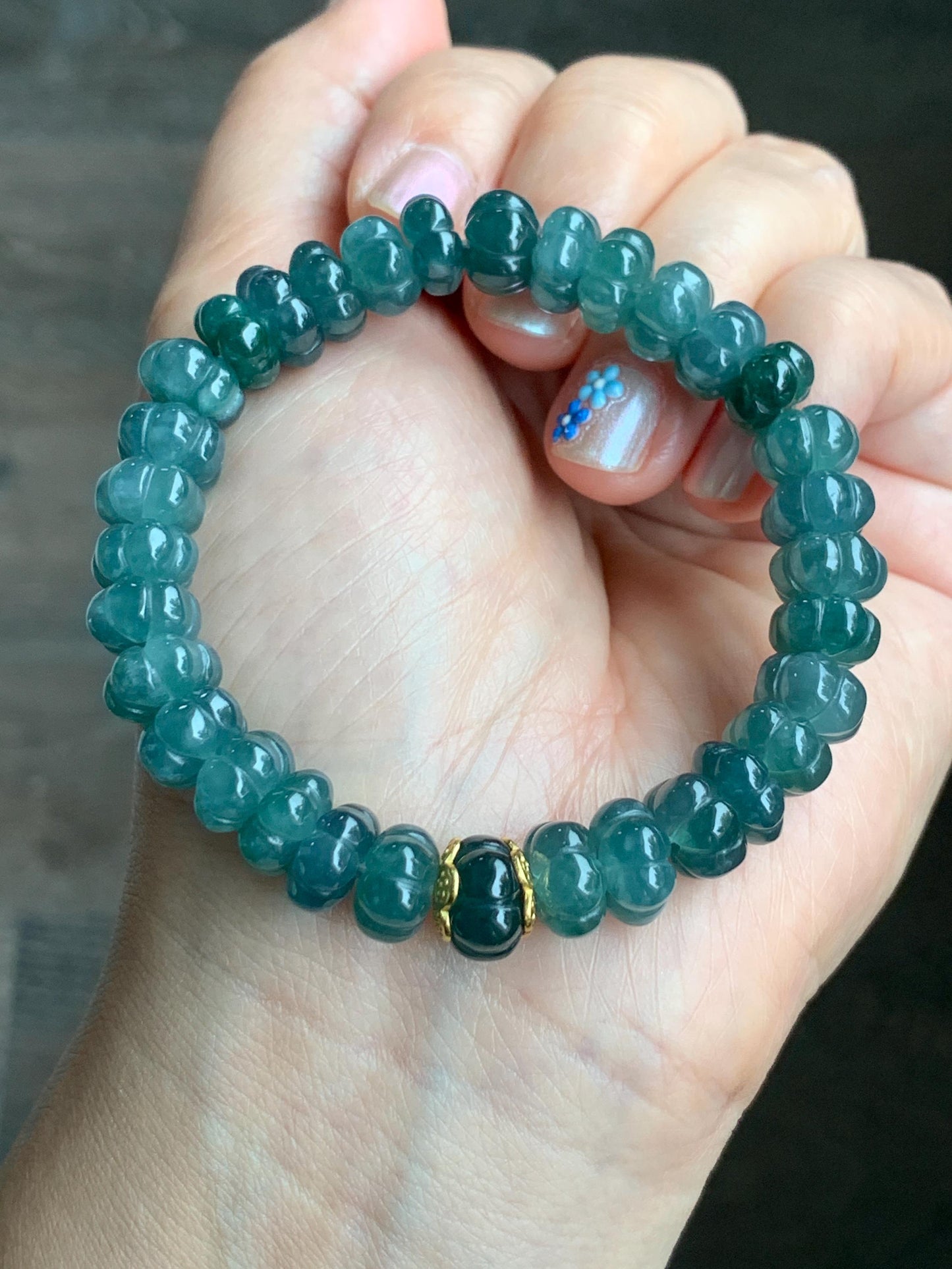 Natural Grade A Guatemalan Icy Translucent Teal Blue Jadeite Carved Pumpkin Beads Beaded Bracelet Sterling Silver 6.5” 天然冰危蓝翡翠南瓜珠手串 NGZ88