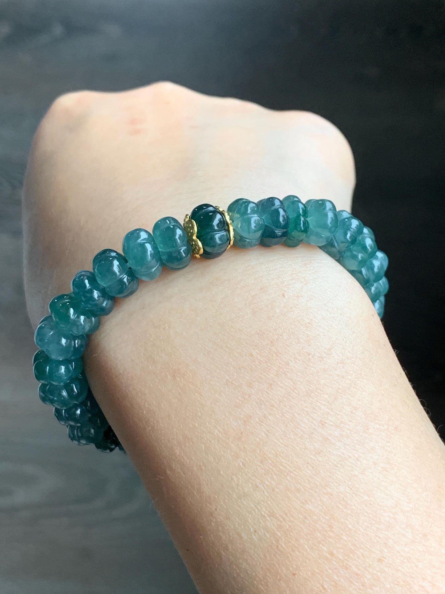 Natural Grade A Guatemalan Icy Translucent Teal Blue Jadeite Carved Pumpkin Beads Beaded Bracelet Sterling Silver 6.5” 天然冰危蓝翡翠南瓜珠手串 NGZ88
