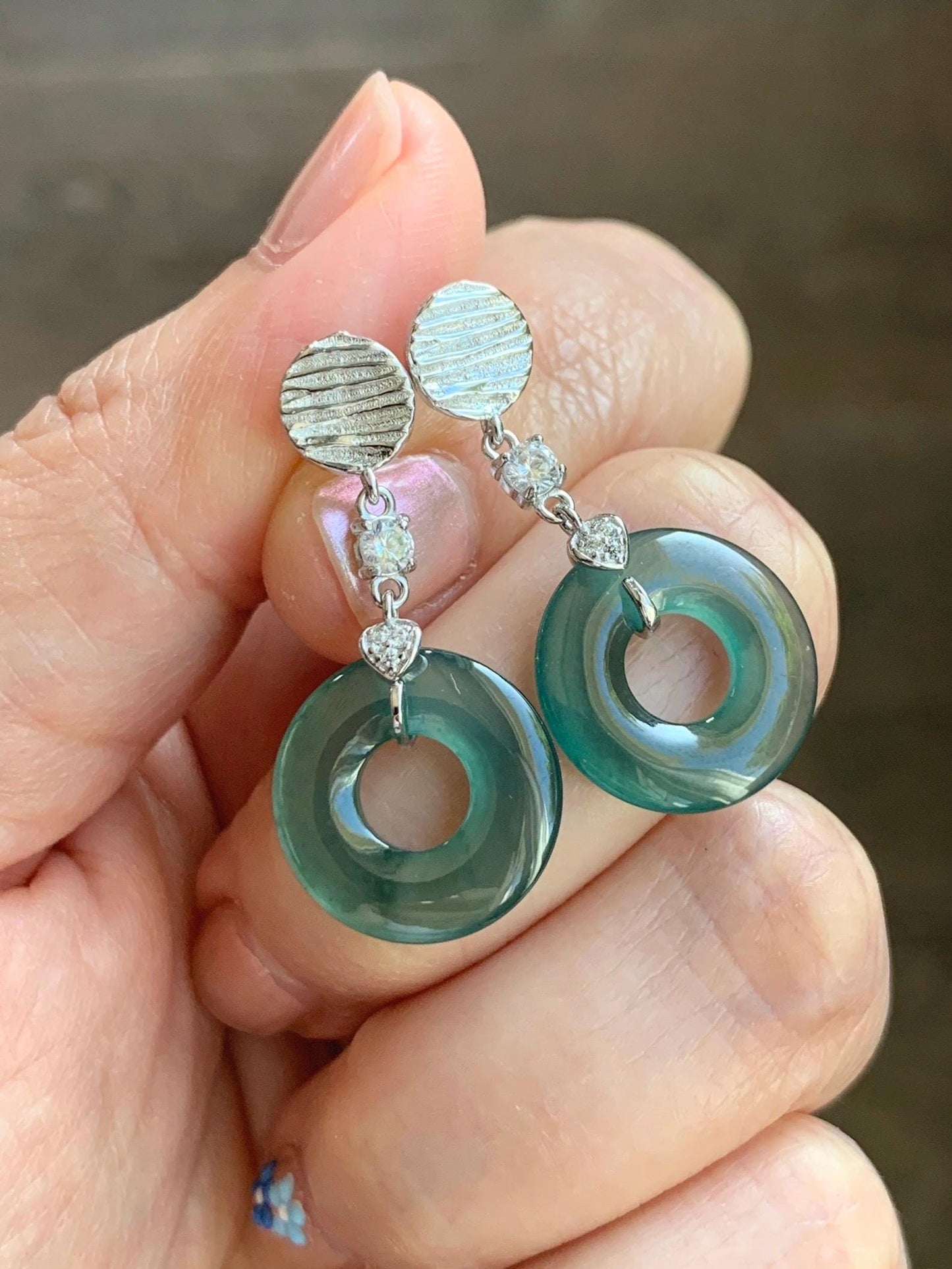Natural Guatemalan Icy Highly Translucent Teal Green Jade Jadeite Ping An Kou Donut Stud Earrings Sterling Silver 天然冰危蓝绿翡翠平安扣耳钉 PAD-D
