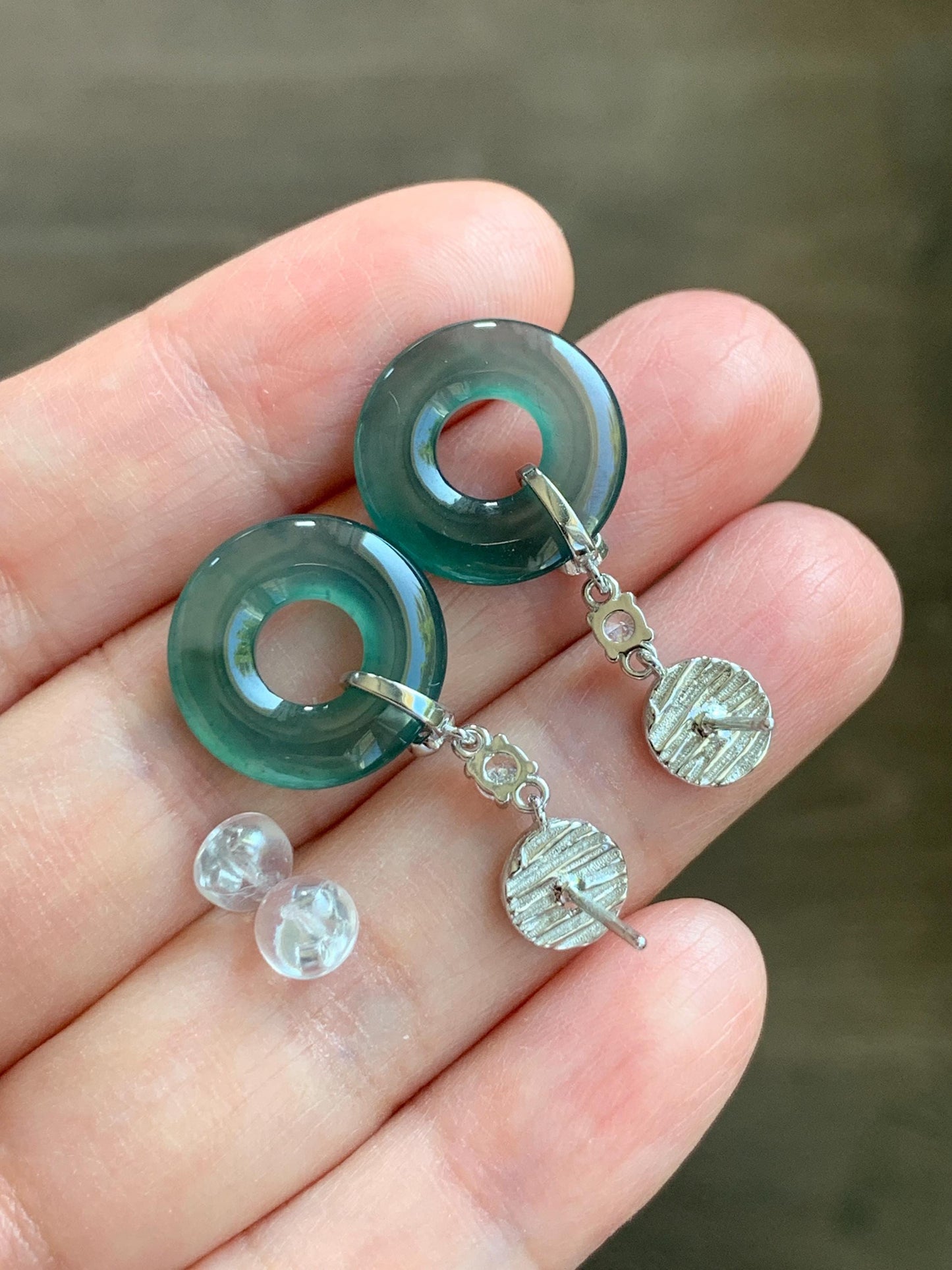 Natural Guatemalan Icy Highly Translucent Teal Green Jade Jadeite Ping An Kou Donut Stud Earrings Sterling Silver 天然冰危蓝绿翡翠平安扣耳钉 PAD-D