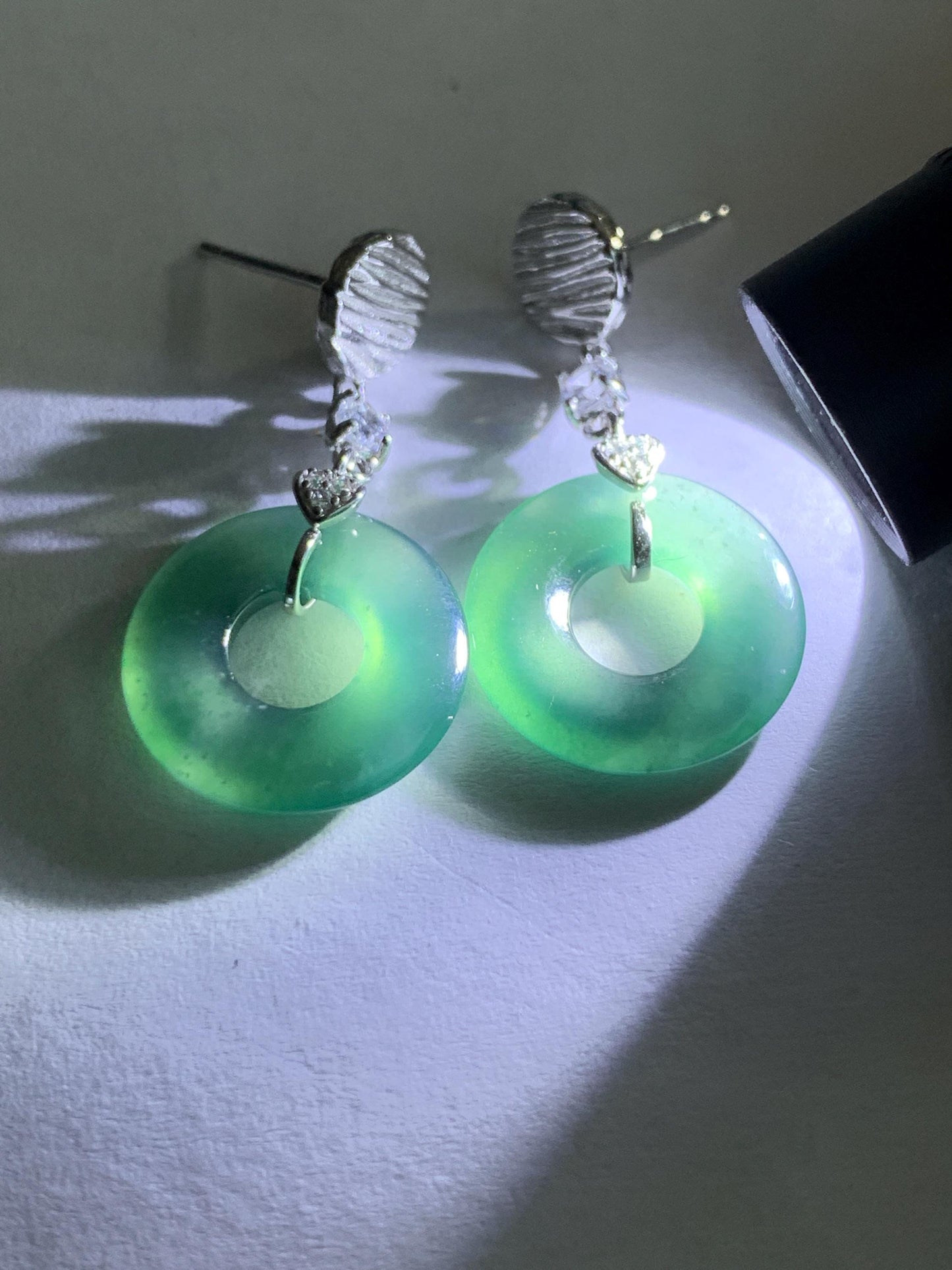 Natural Guatemalan Icy Highly Translucent Teal Green Jade Jadeite Ping An Kou Donut Stud Earrings Sterling Silver 天然冰危蓝绿翡翠平安扣耳钉 PAD-D