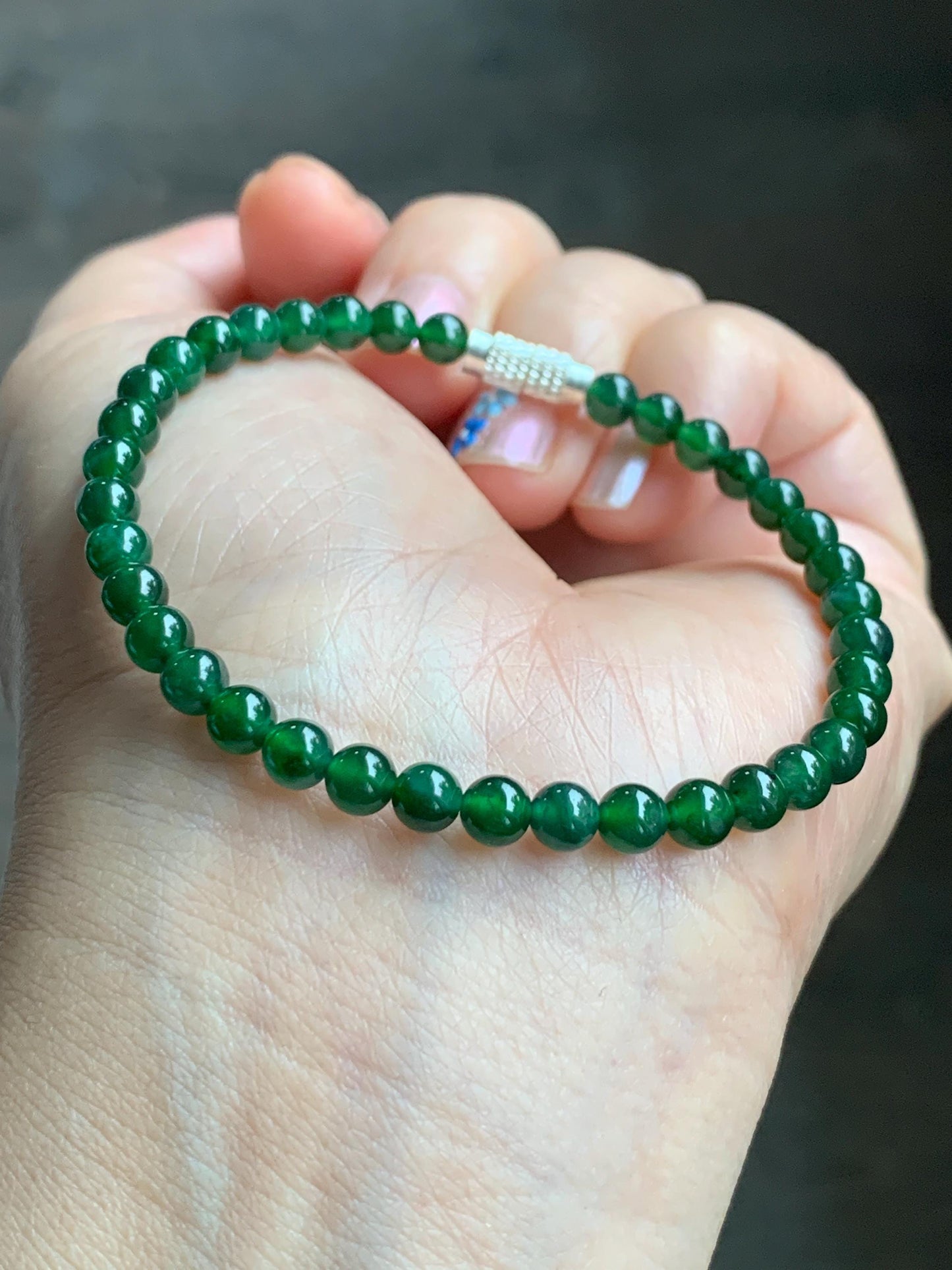 Natural Grade A Guatemalan Icy Translucent Vibrant Jade Jadeite Petite Beads Beaded Bracelet 4.6mm 6.75” 8g 天然冰危绿翡翠小圆珠手串 ZWL330
