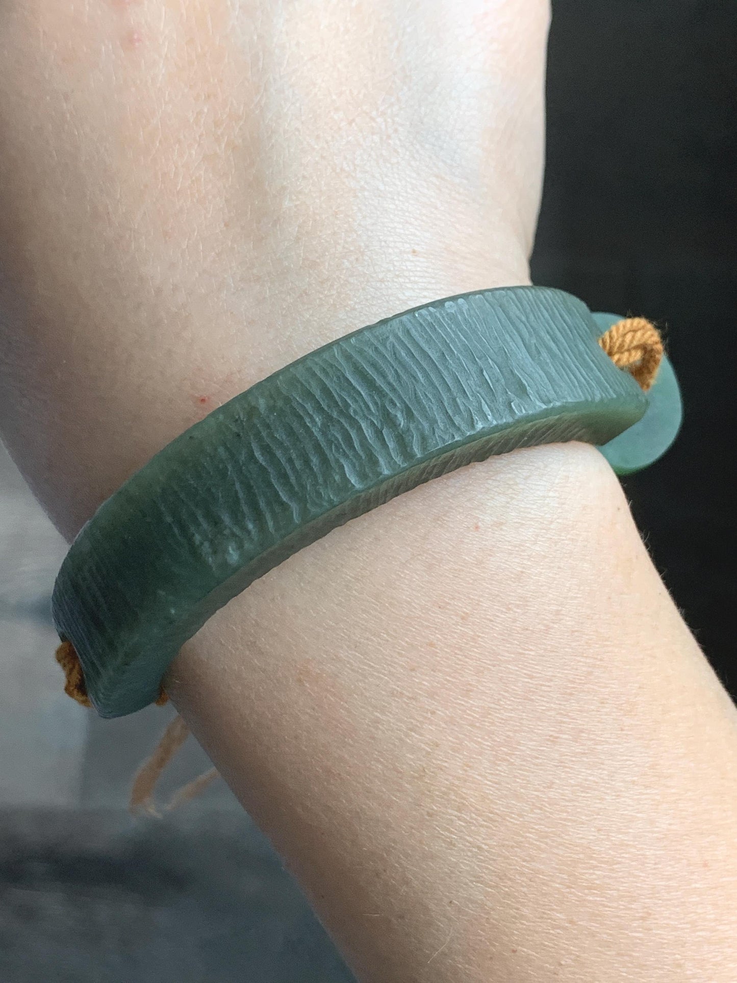 Natural Grade A Nephrite Jade Cuff Rope Bracelet Translucent Dusty Olive Green Adjustable 30g HTY-D